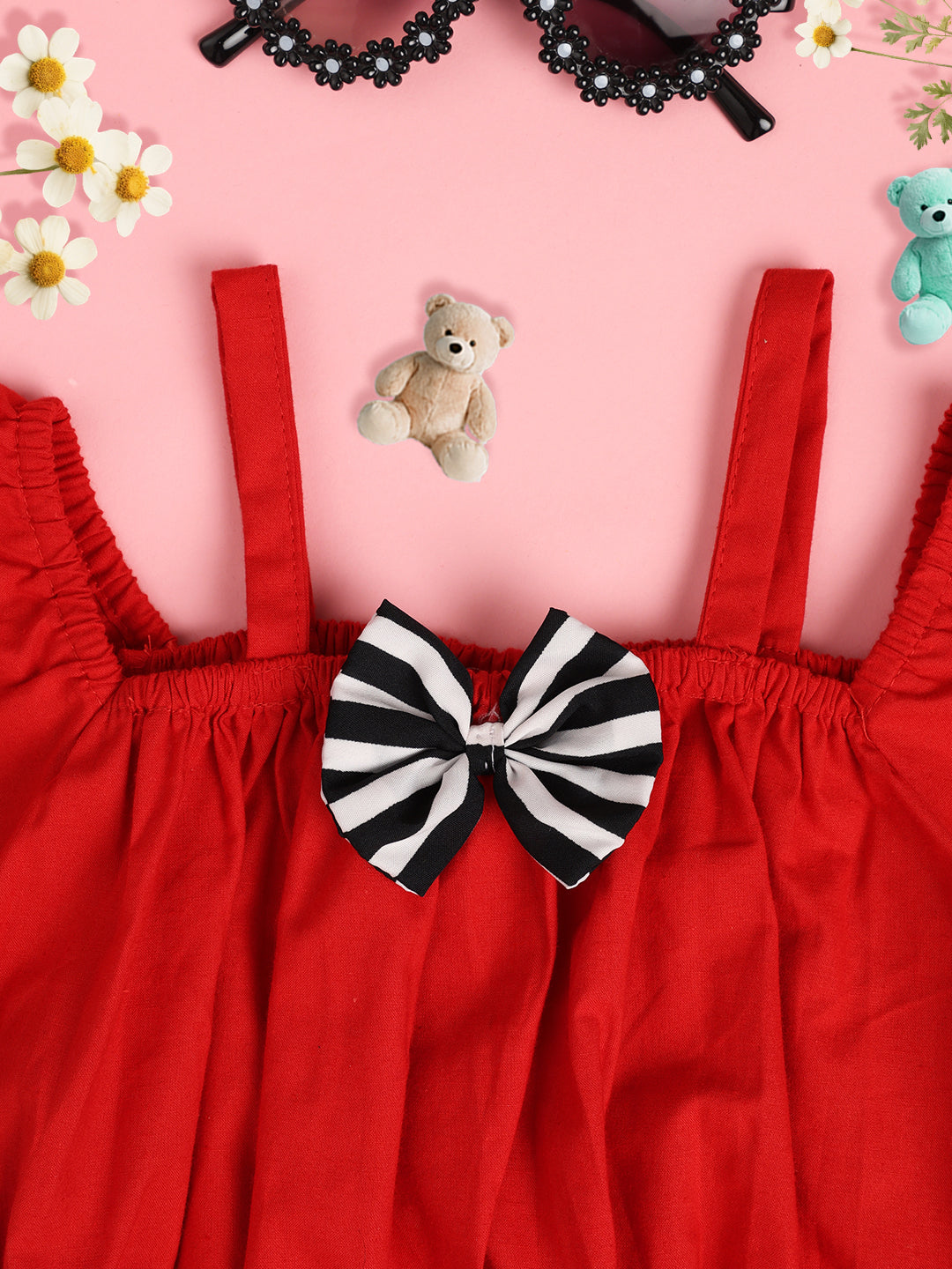 Cutiekins Girls Pure Cotton Solid Embellished Crop Top -Red & Black