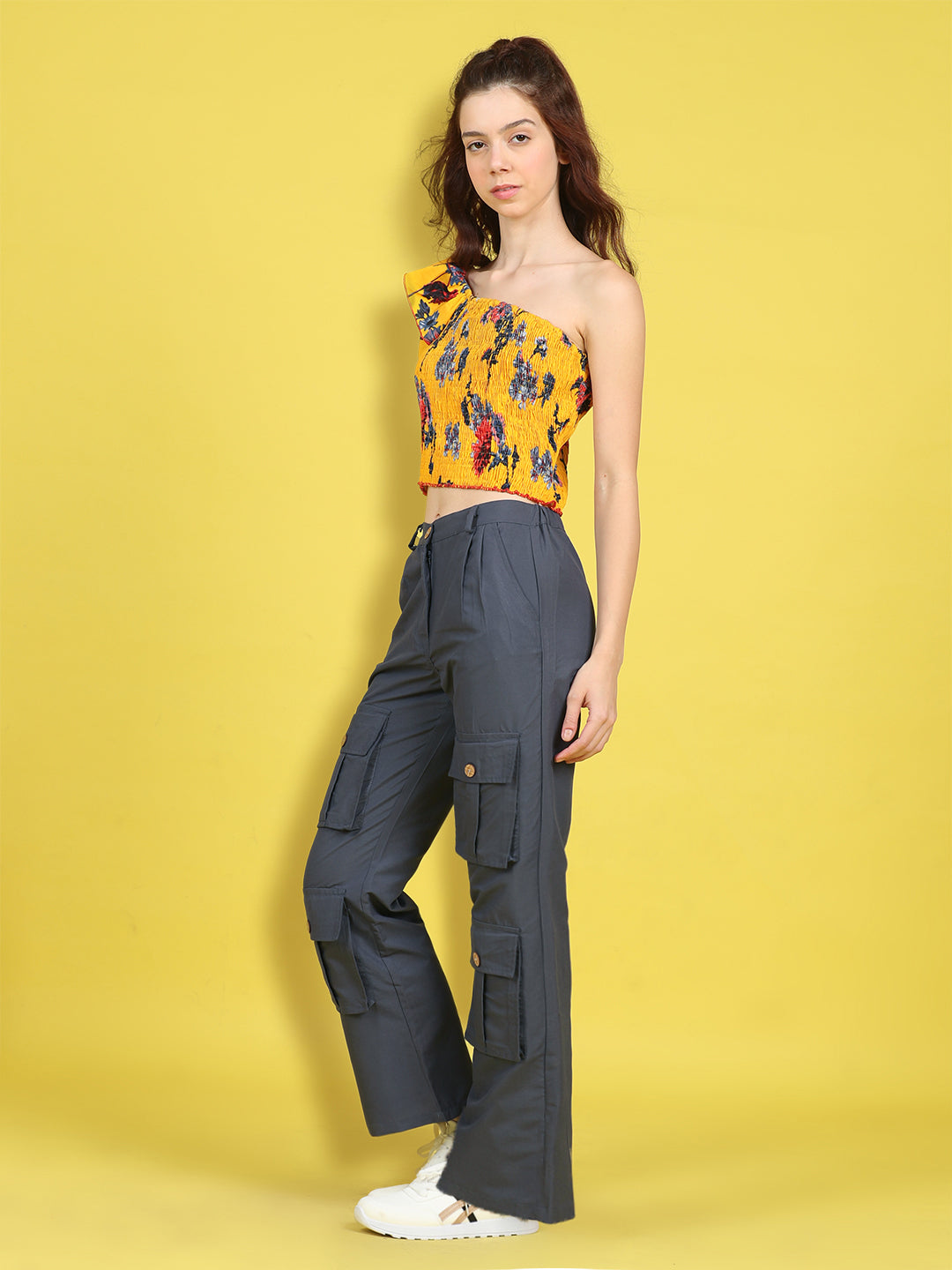 Cutiekins Girls Trendy Bold Look Crop Top With Solid Cargo -Mustard & Dark Gray