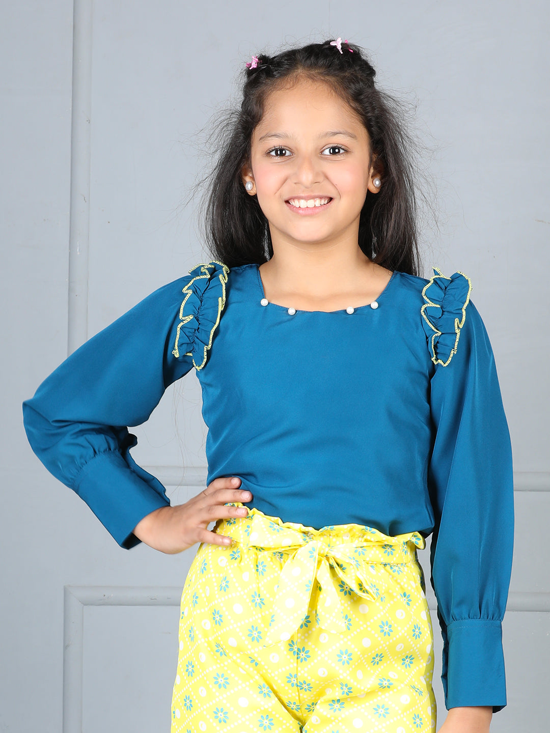 Cutiekins Girls Solid & Embellished Shoulder Top -Teal Blue