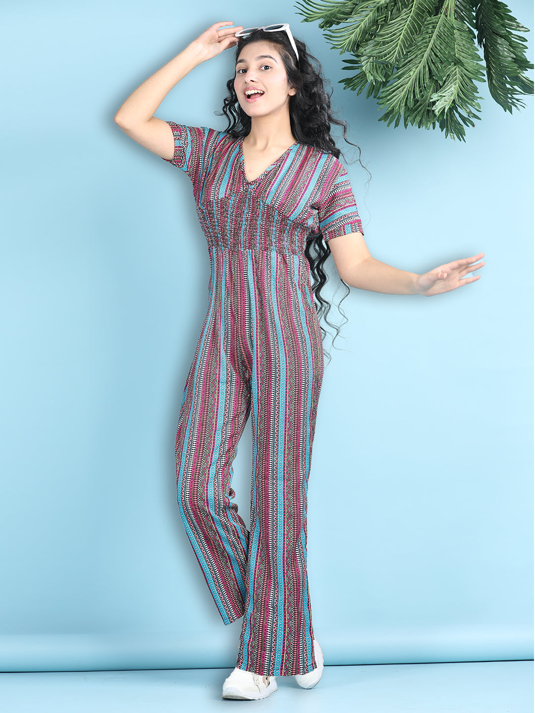 Cutiekins Girls Stylish Striped Print Embellished Jumpsuit -Multicolor