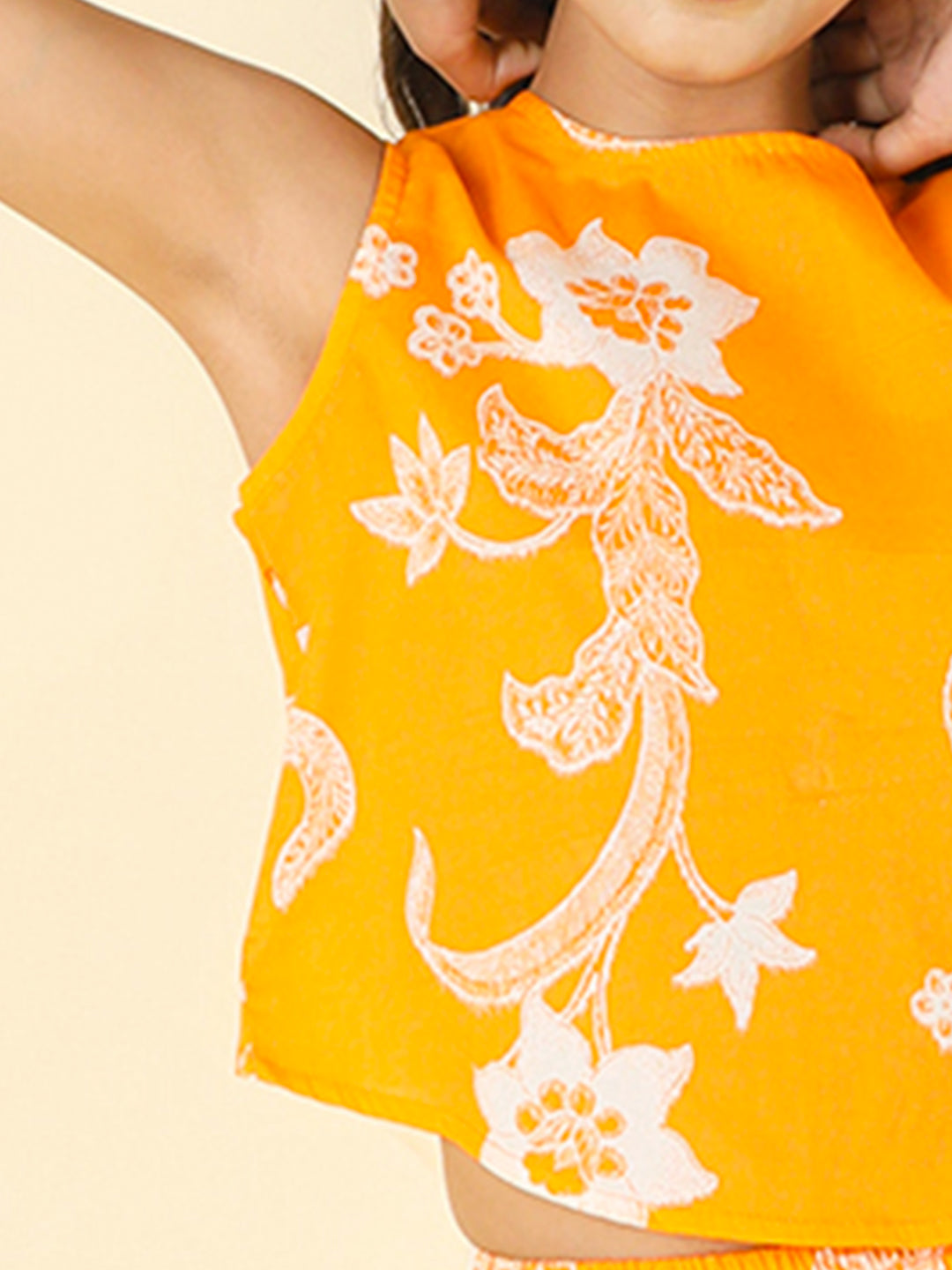 Cutiekins Girls Cotton Round Neck Printed Crop Top -Orange & White