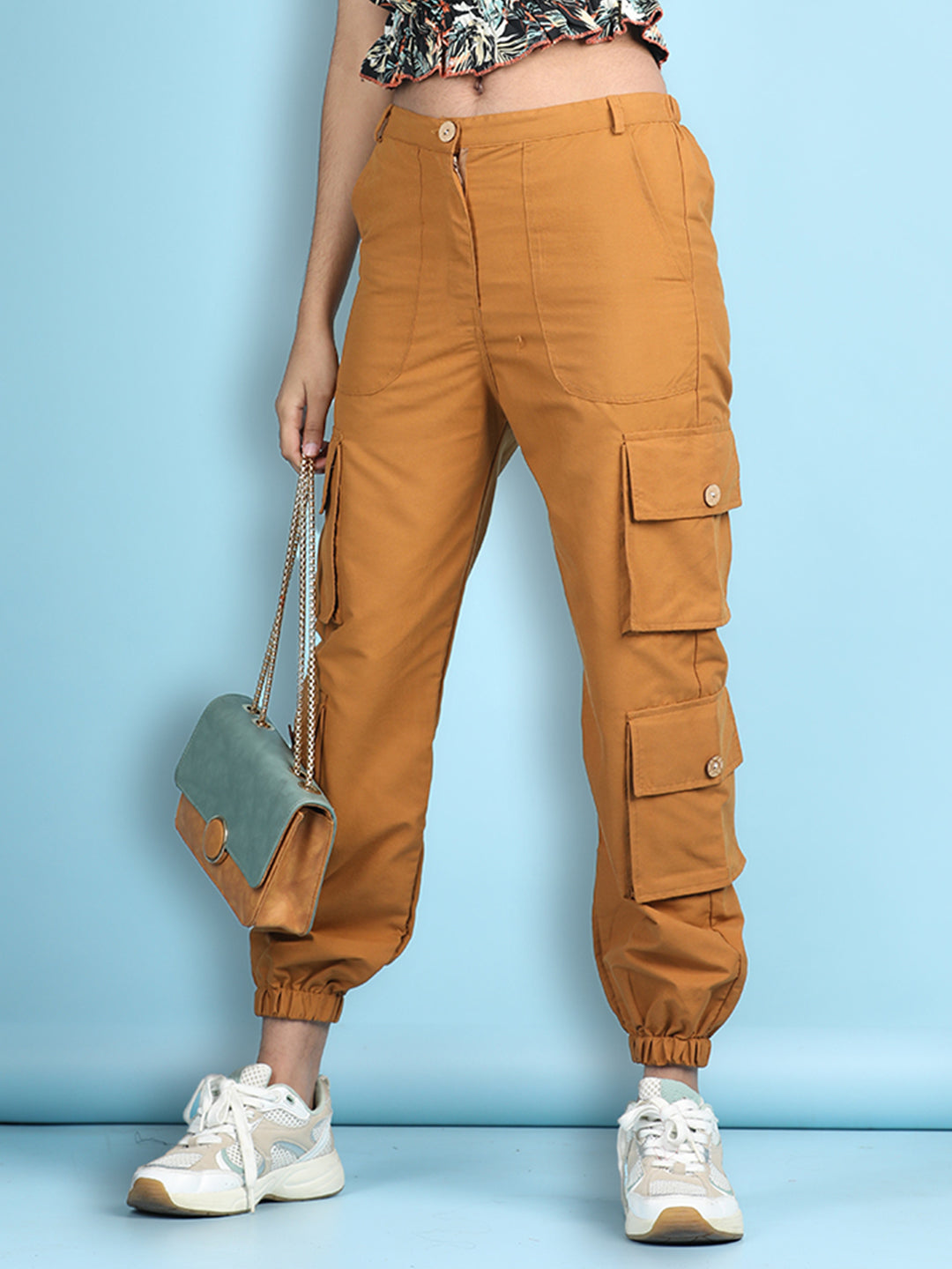 Cutiekins Girls Regular-Fit Solid Cargo Pant -Mustard