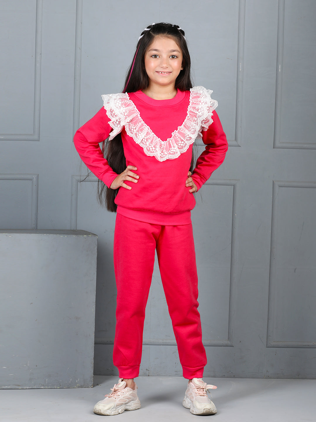 Cutiekins Girls Solid Embellished Cozy Fleece Tracksuit -Hot Pink & Off White