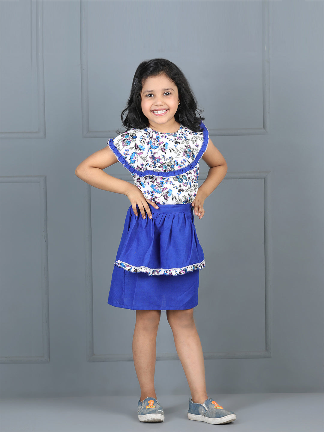 Cutiekins Girls Floral Printed Embellished Top With Solid Skirt -Off White & Blue