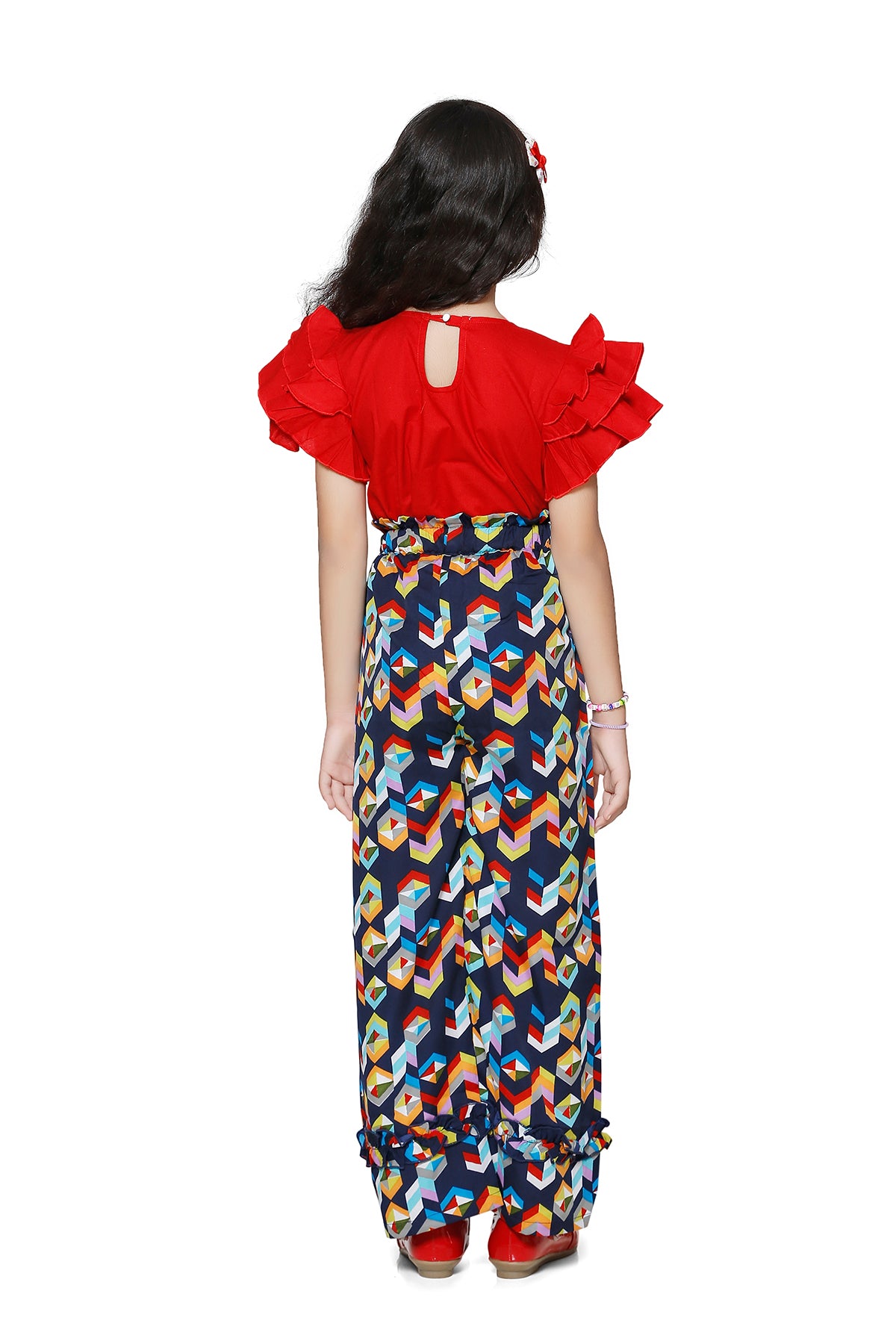 Cutiekins Red Cotton Top & Blue Printed Palazzo Set