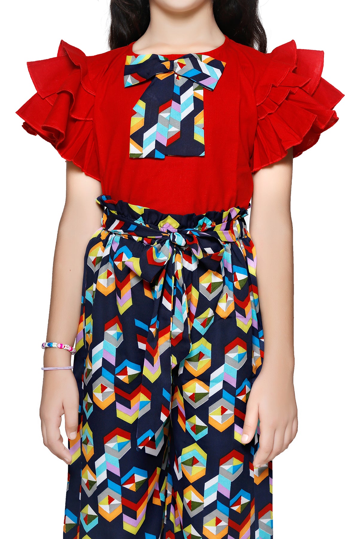 Cutiekins Red Cotton Top & Blue Printed Palazzo Set