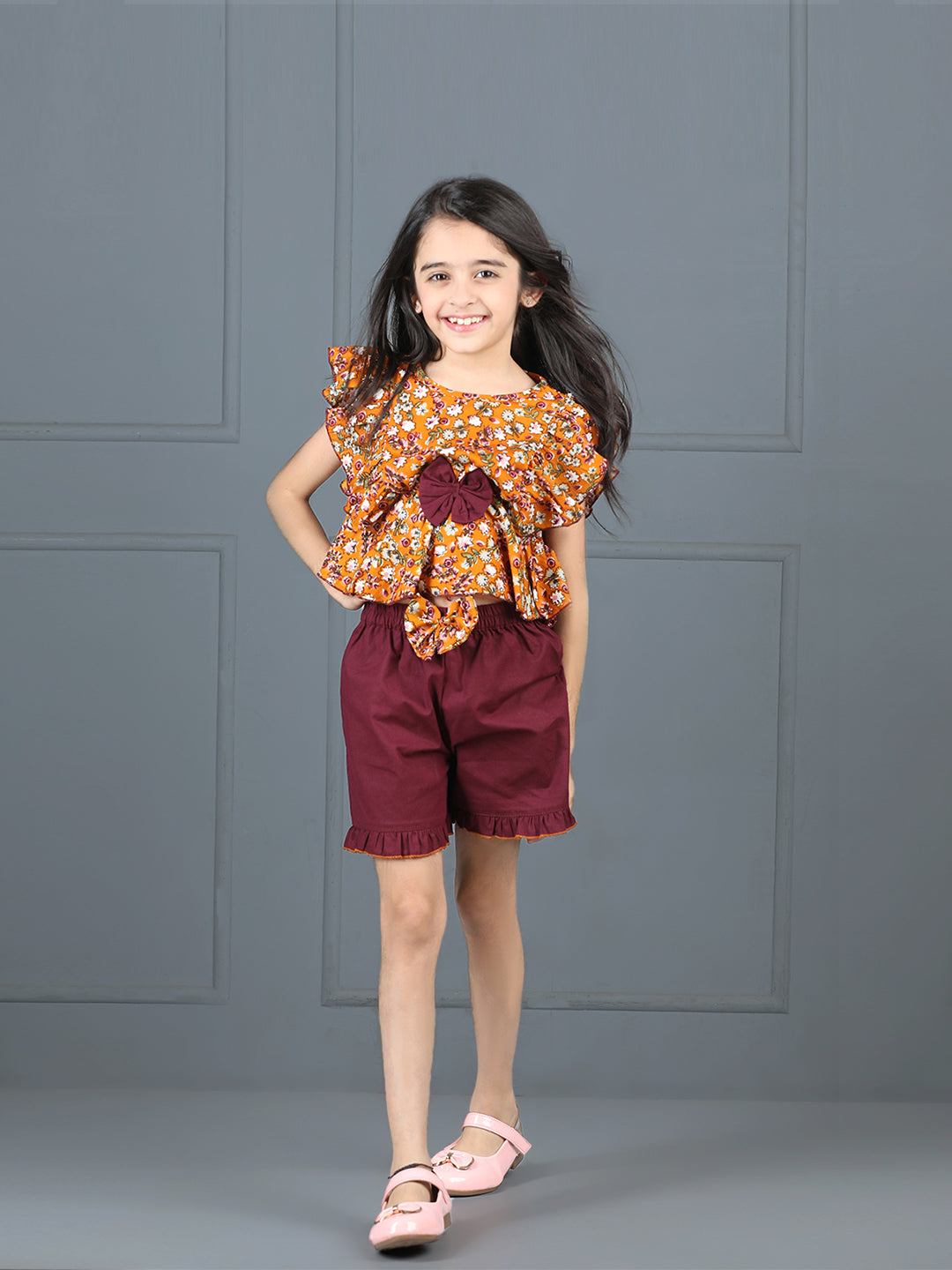 Cutiekins Girls Floral Printed Embellished Top With Solid Shorts -Mustard & Wine