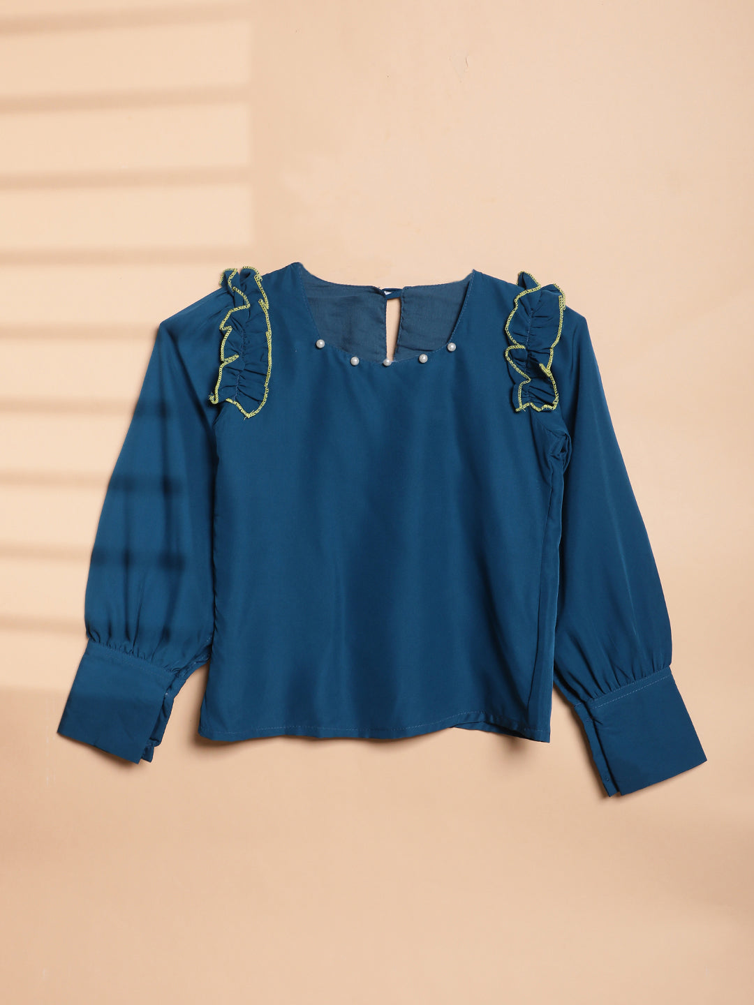 Cutiekins Girls Solid & Embellished Shoulder Top -Teal Blue