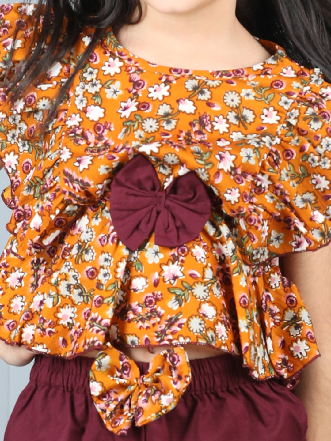 Cutiekins Girls Floral Printed Embellished Top With Solid Shorts -Mustard & Wine