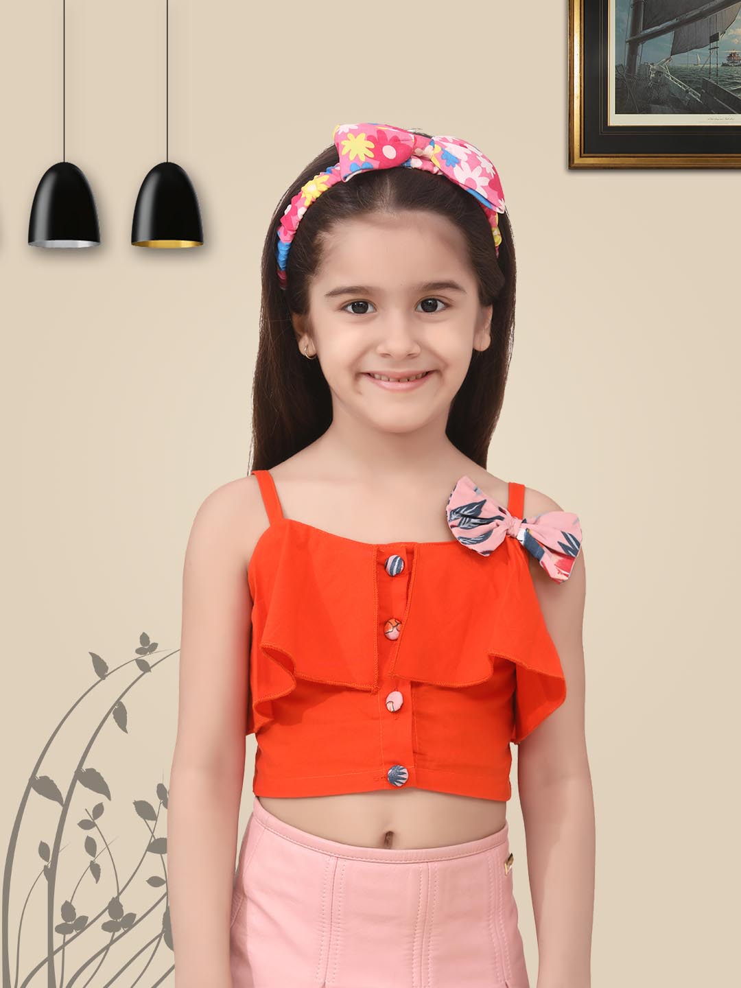 Girls Orange Solid Shoulder Strap Crop Top