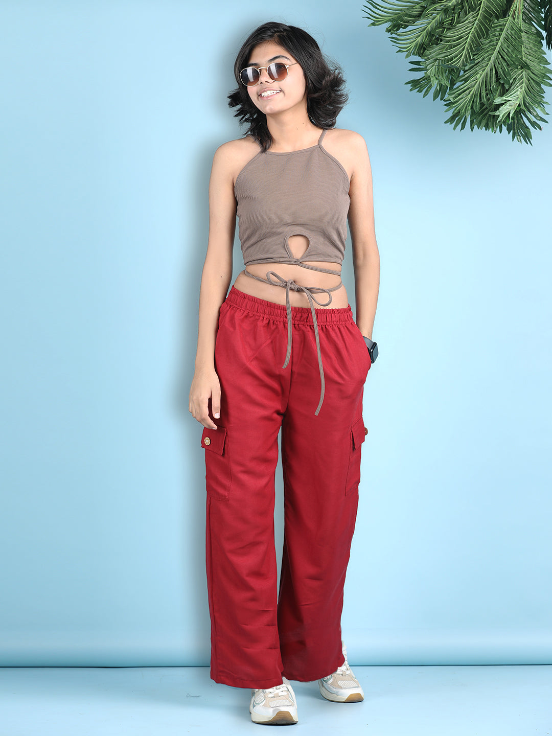 Cutiekins Girls Solid Embellished Top with Solid Cargo -Camel Brown & Maroon