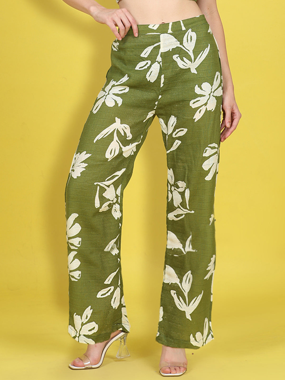 Cutiekins Girls Trendy Bold Style Printed Palazzo -Olive Green & Off White