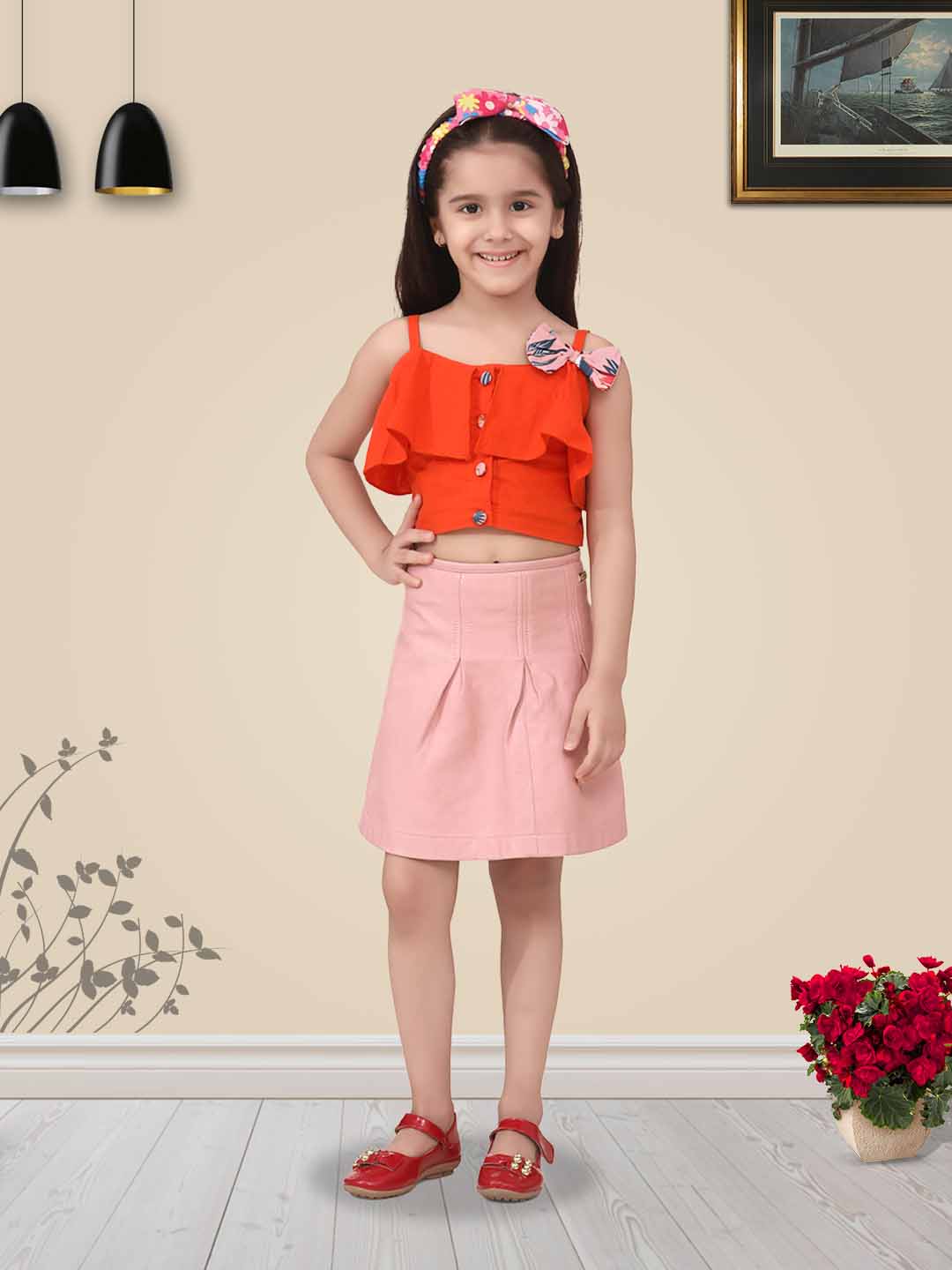 Girls Orange Solid Shoulder Strap Crop Top