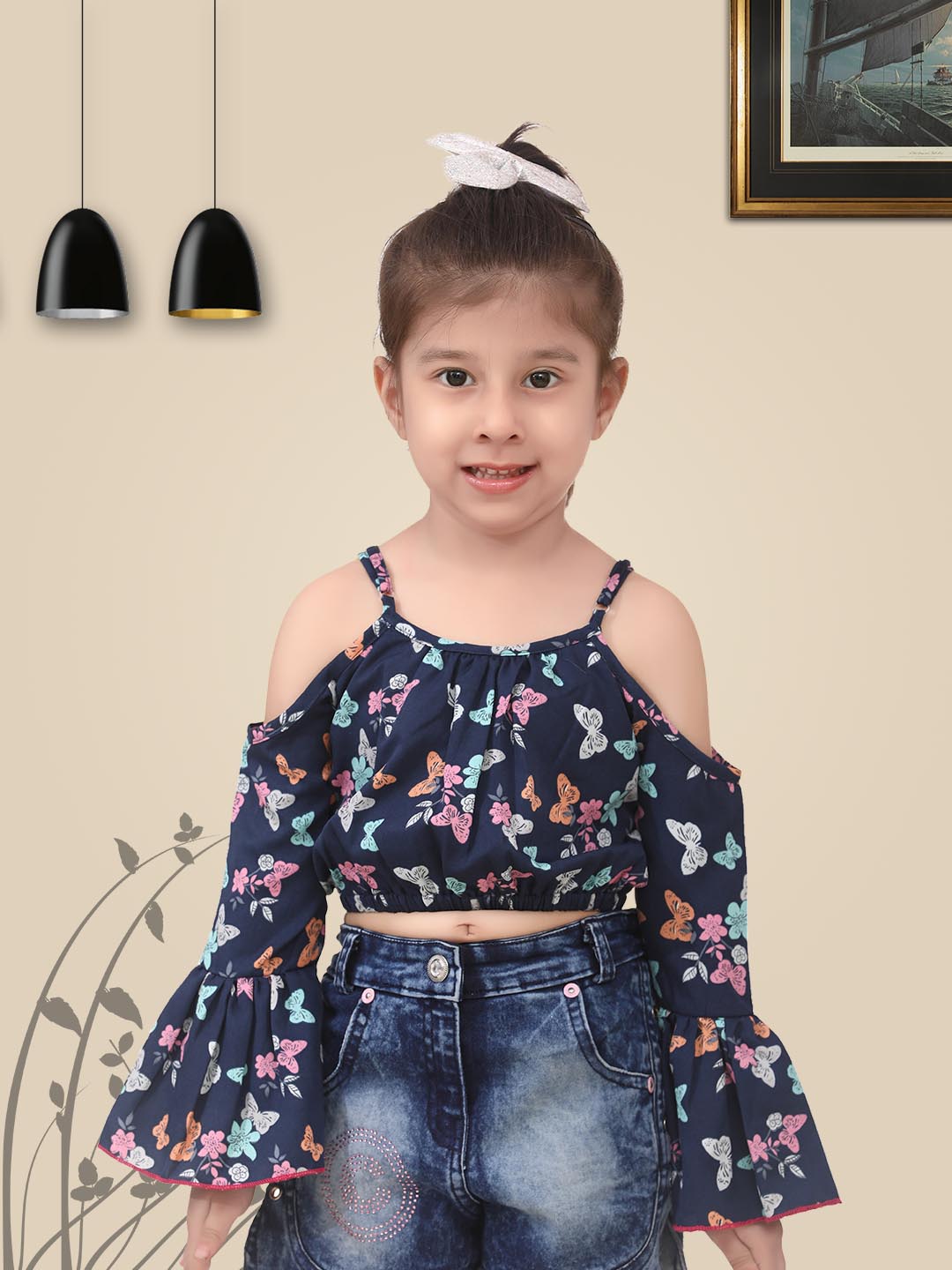 Girls Navy Blue Butterfly Printed Bell Sleeves Cold Shoulder Crop Top