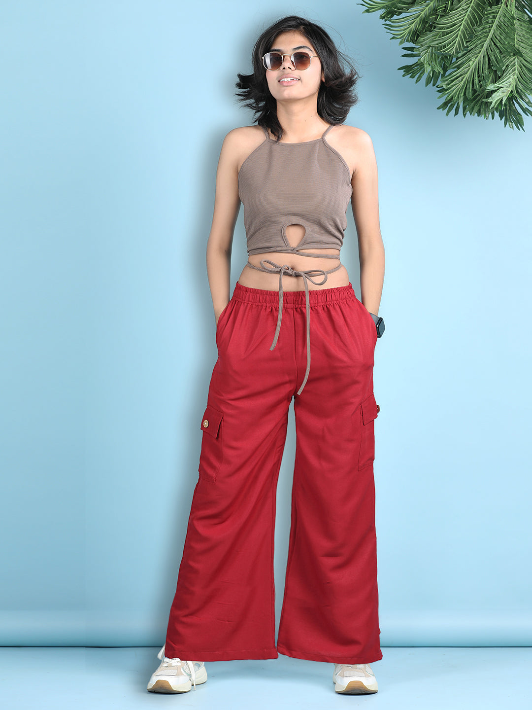 Cutiekins Girls Solid Embellished Top with Solid Cargo -Camel Brown & Maroon