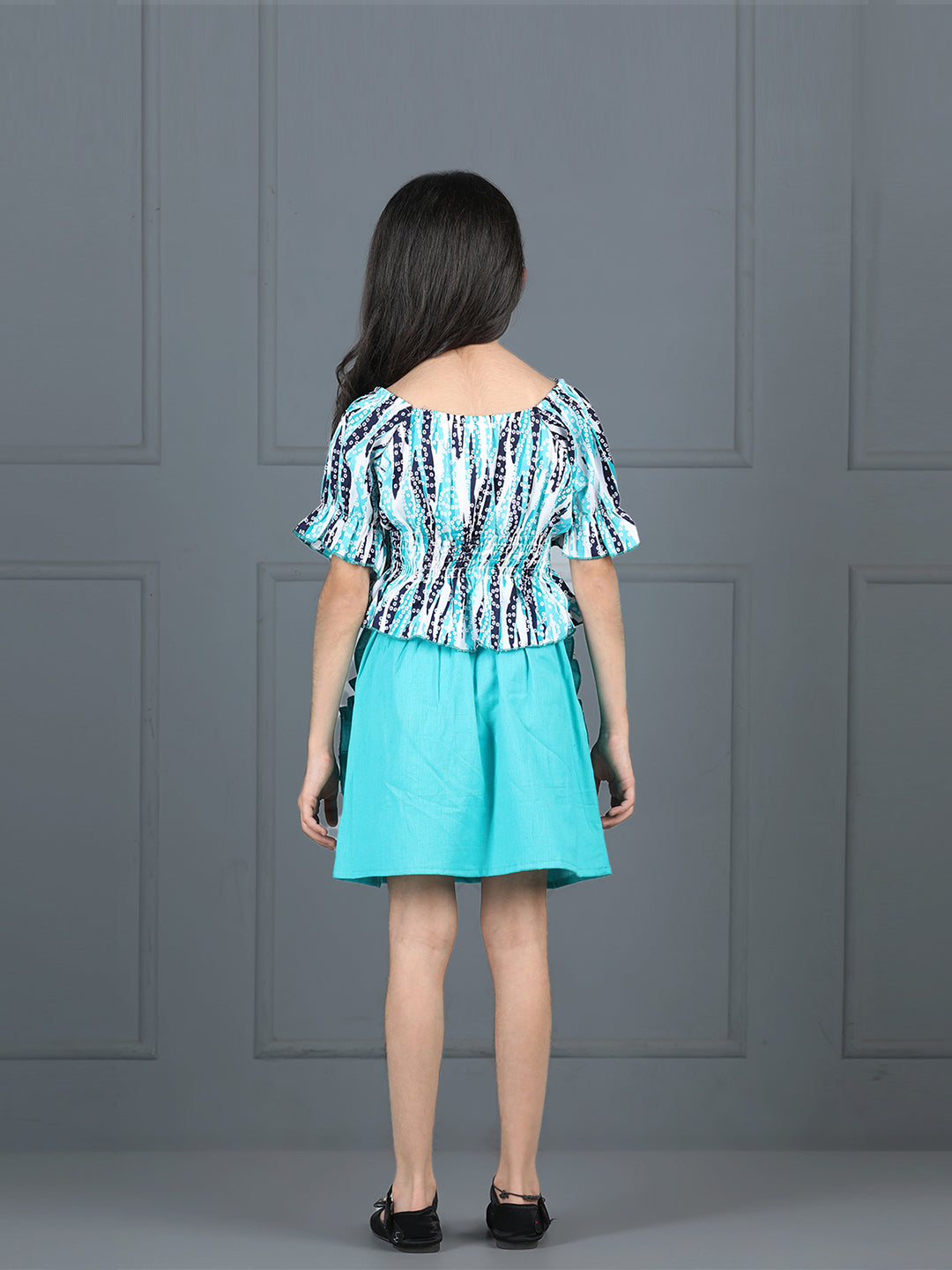 Cutiekins Girls Abstract Printed Embellished Top With Solid Skirt -Off White & Turquoise Blue