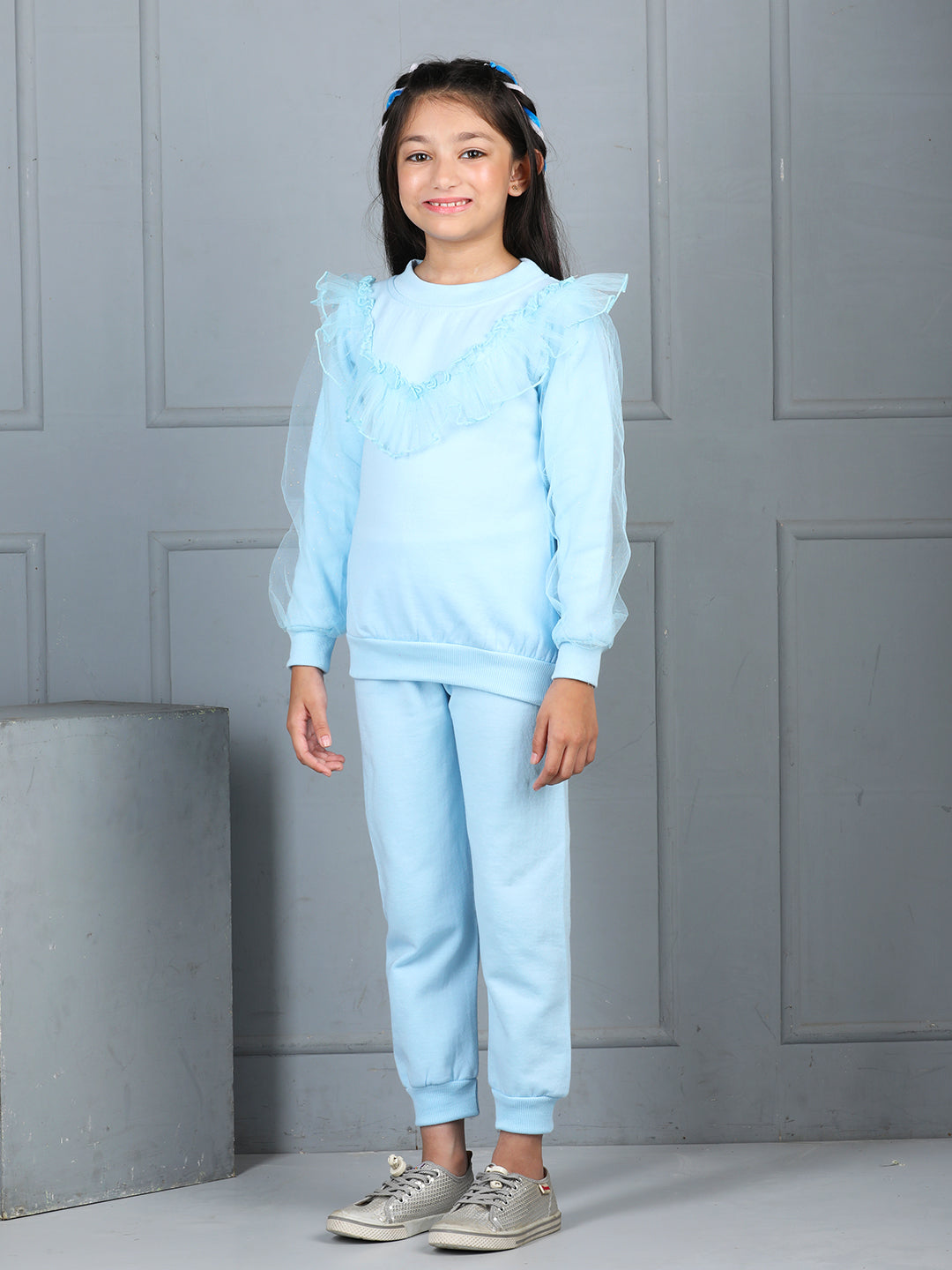 Cutiekins Girls Solid Embellished Cozy Fleece Tracksuit -Sky Blue