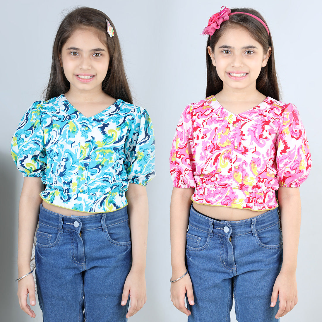 Cutiekins Pack Of 2 Printed V Neck Polyester Top-Sky Blue & Pink