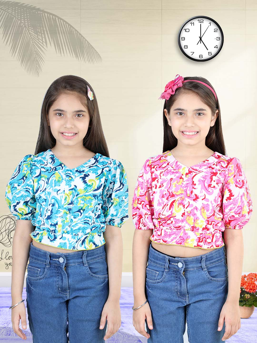 Cutiekins Pack Of 2 Printed V Neck Polyester Top-Sky Blue & Pink