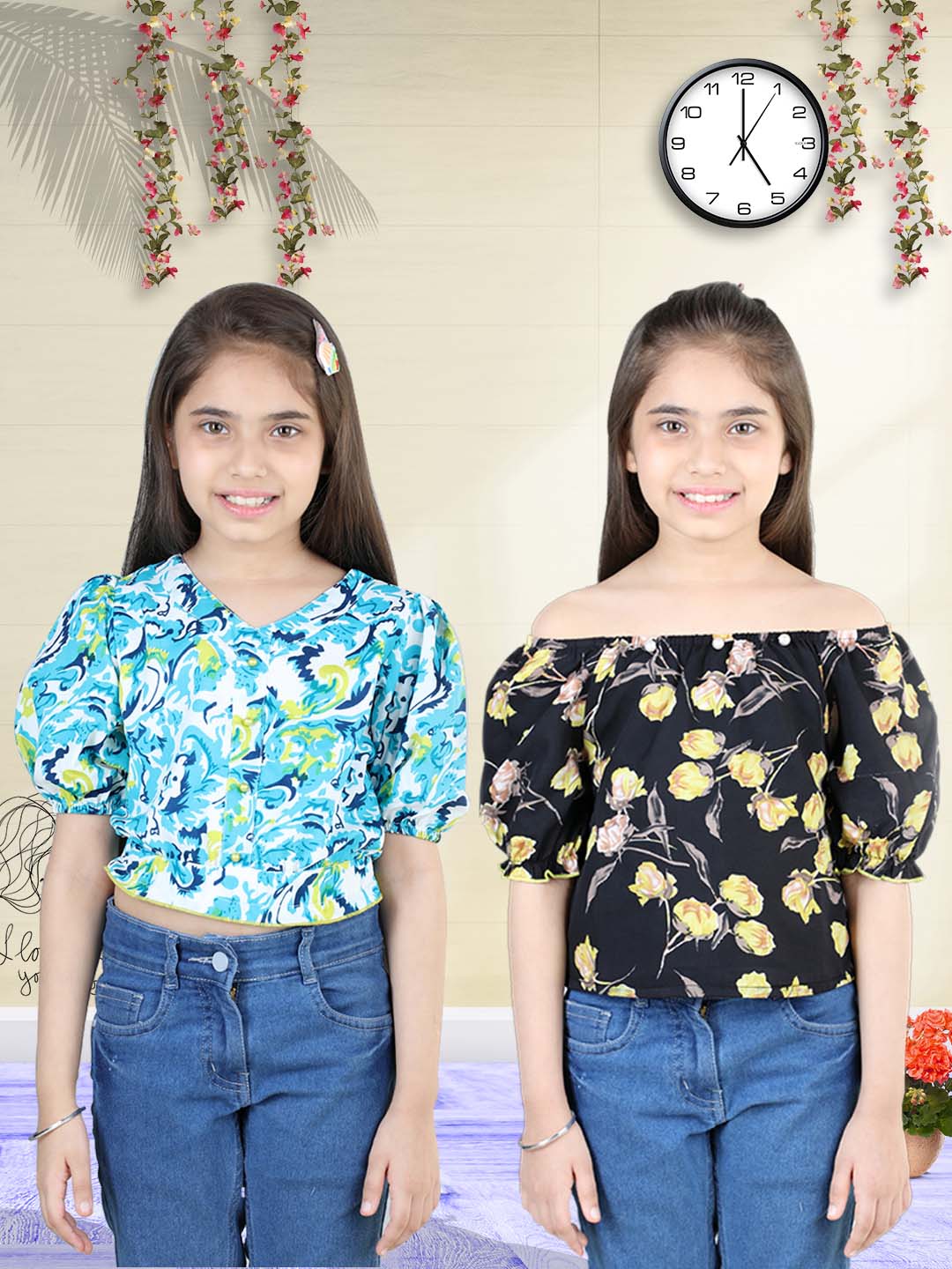 Cutiekins Pack Of 2 Printed V Neck Polyester Top-Sky Blue & Black