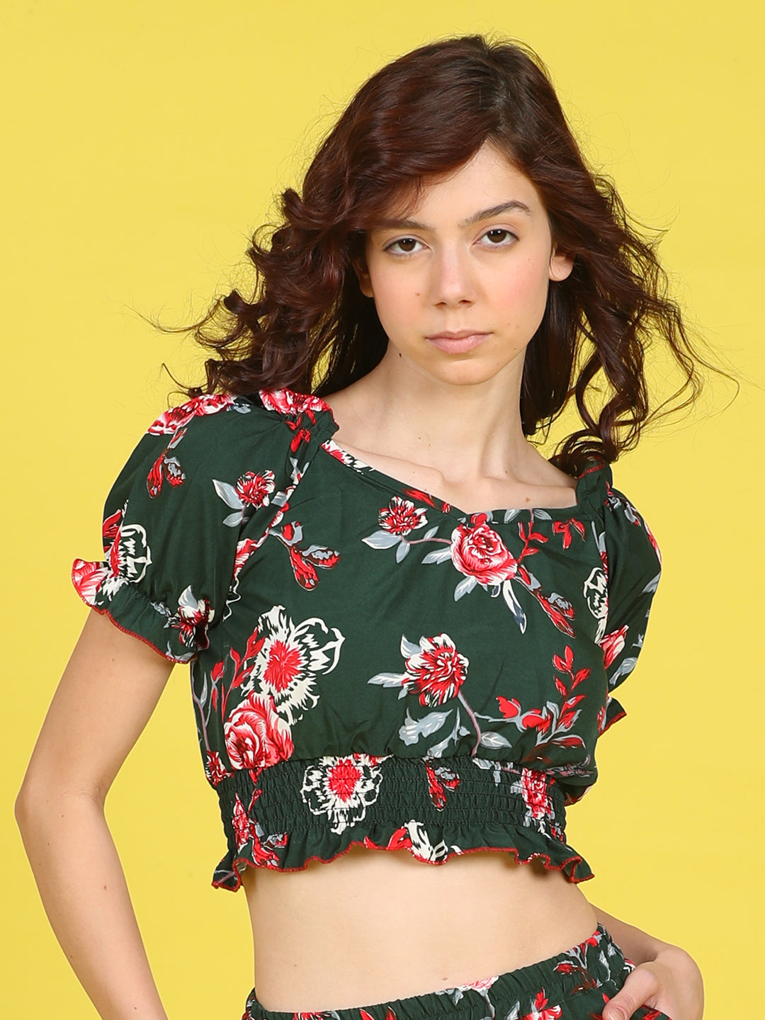 Cutiekins Girls Trendy Bold Style Printed Top -Dark Green & Red