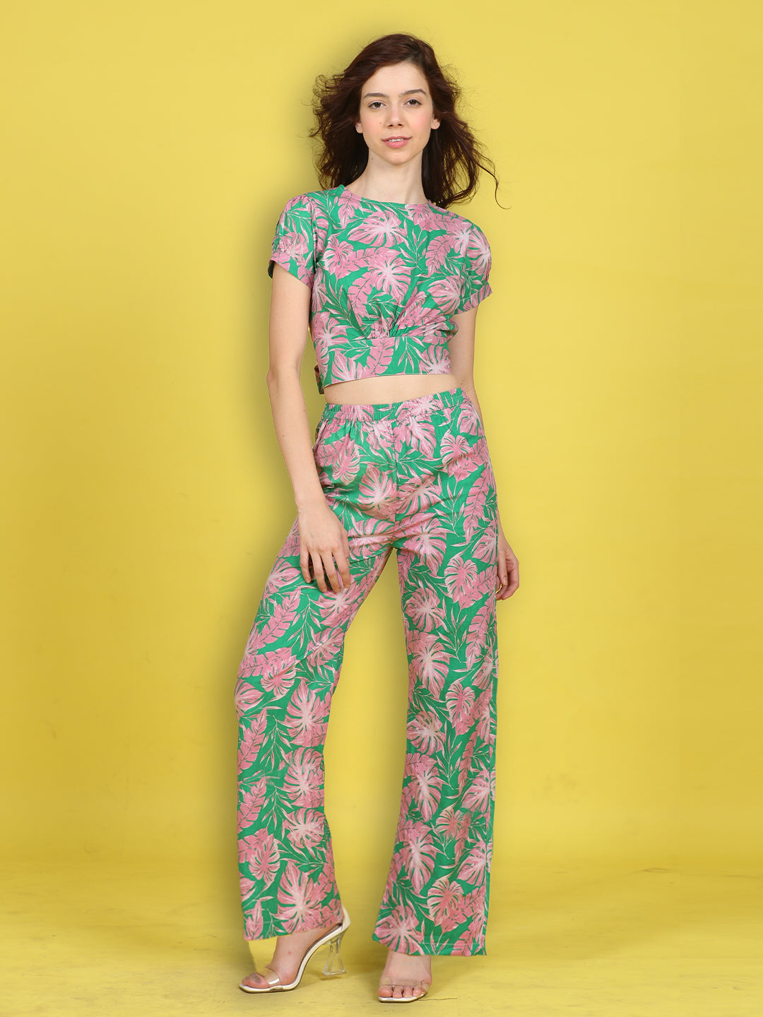 Cutiekins Girls Trendy Bold Style Printed Top & Palazzo Co-ord Set -Green & Pink