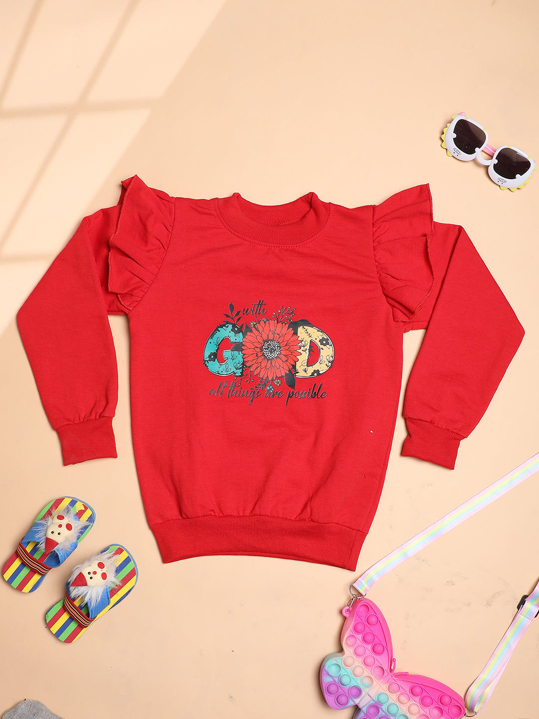Cutiekins Girls Graphic Print Trendy Winter Sweatshirt -Red