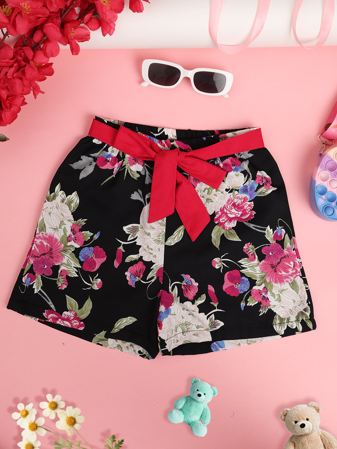 Cutiekins Girls Floral Printed Embellished Short -Black & Multi