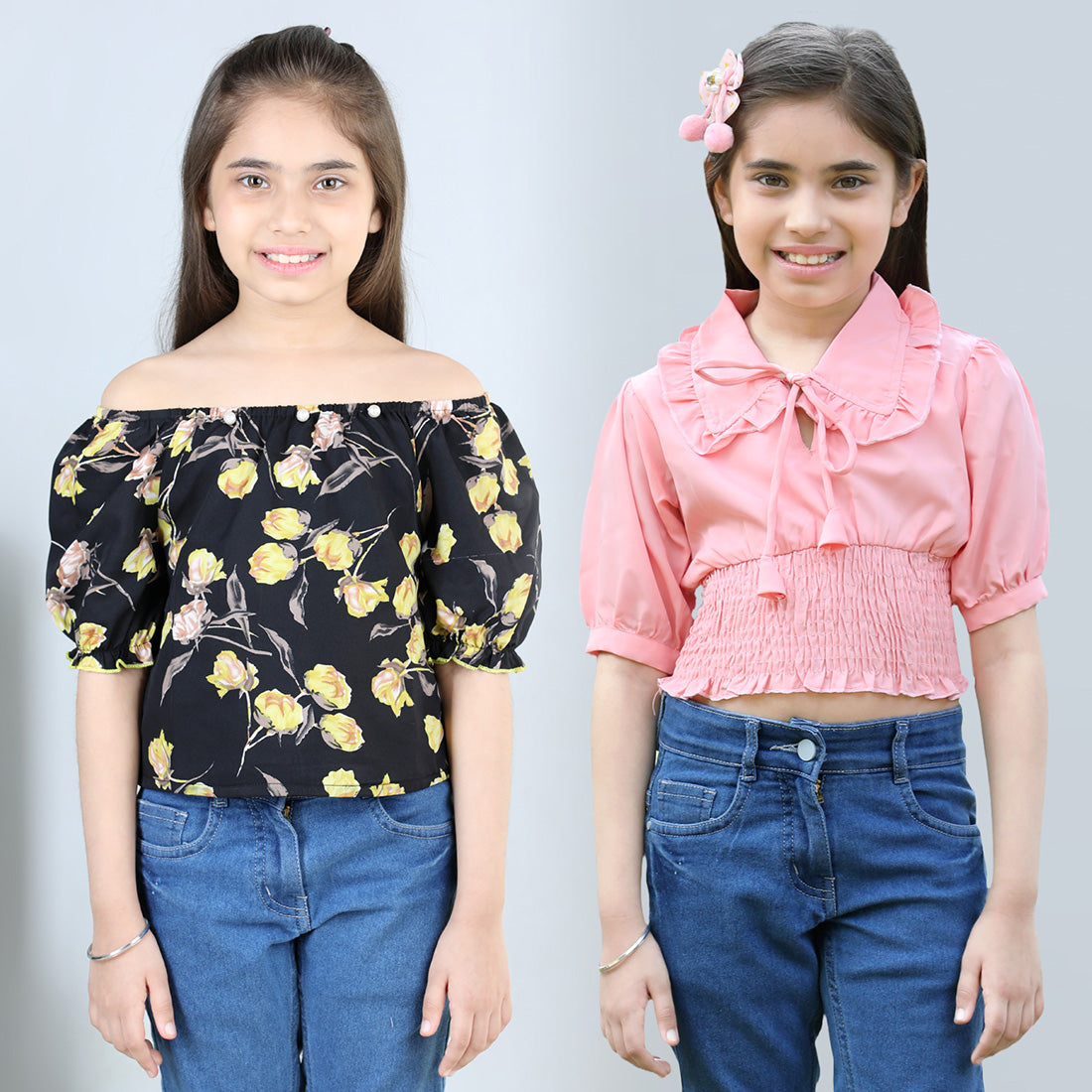 Cutiekins Pack Of 2 Printed Off-Shoulder Polyester Top-Black & Peach