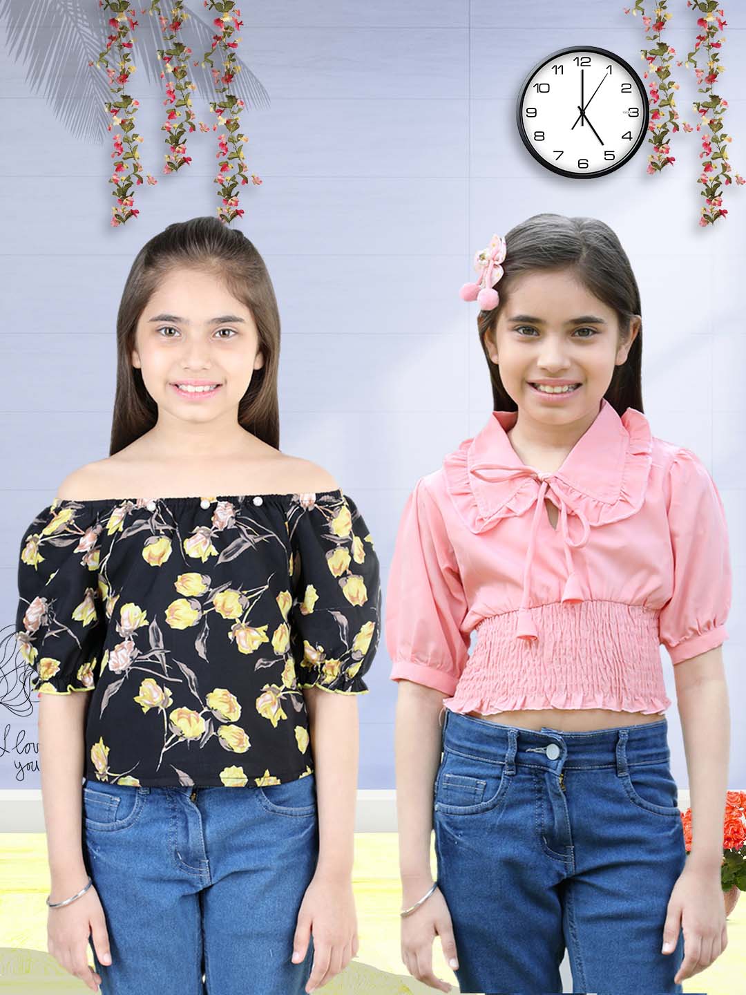 Cutiekins Pack Of 2 Printed Off-Shoulder Polyester Top-Black & Peach