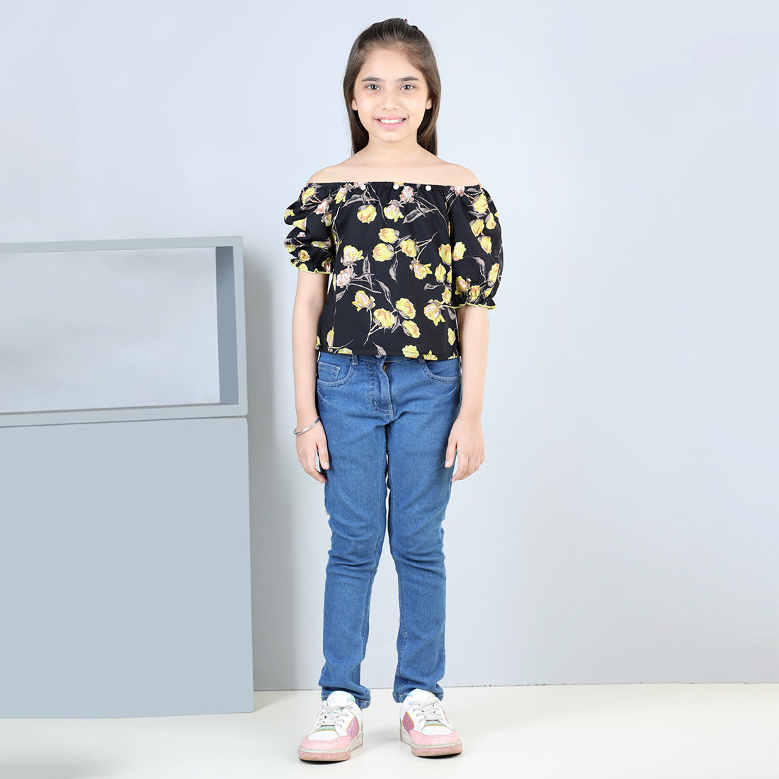 Cutiekins Pack Of 2 Printed Off-Shoulder Polyester Top-Black & Peach