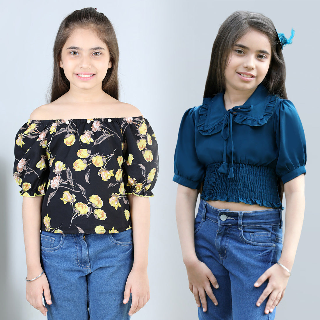 Cutiekins Pack Of 2 Printed Off-Shoulder Polyester Top-Black & Teal Blue