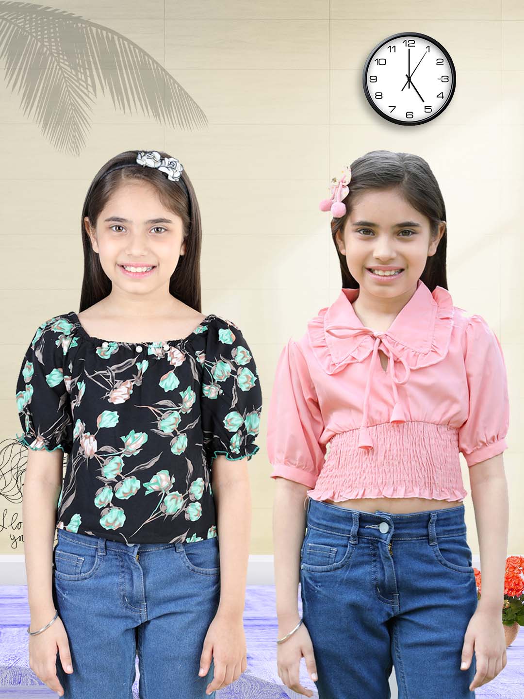 Cutiekins Pack Of 2 Printed Square Neck Polyester Top-Black & Peach