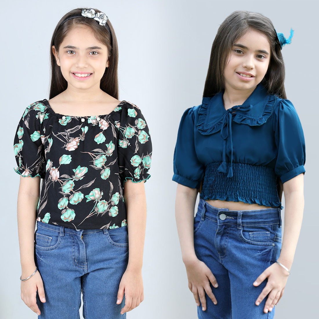 Cutiekins Pack Of 2 Printed Square Neck Polyester Top-Black & Teal Blue