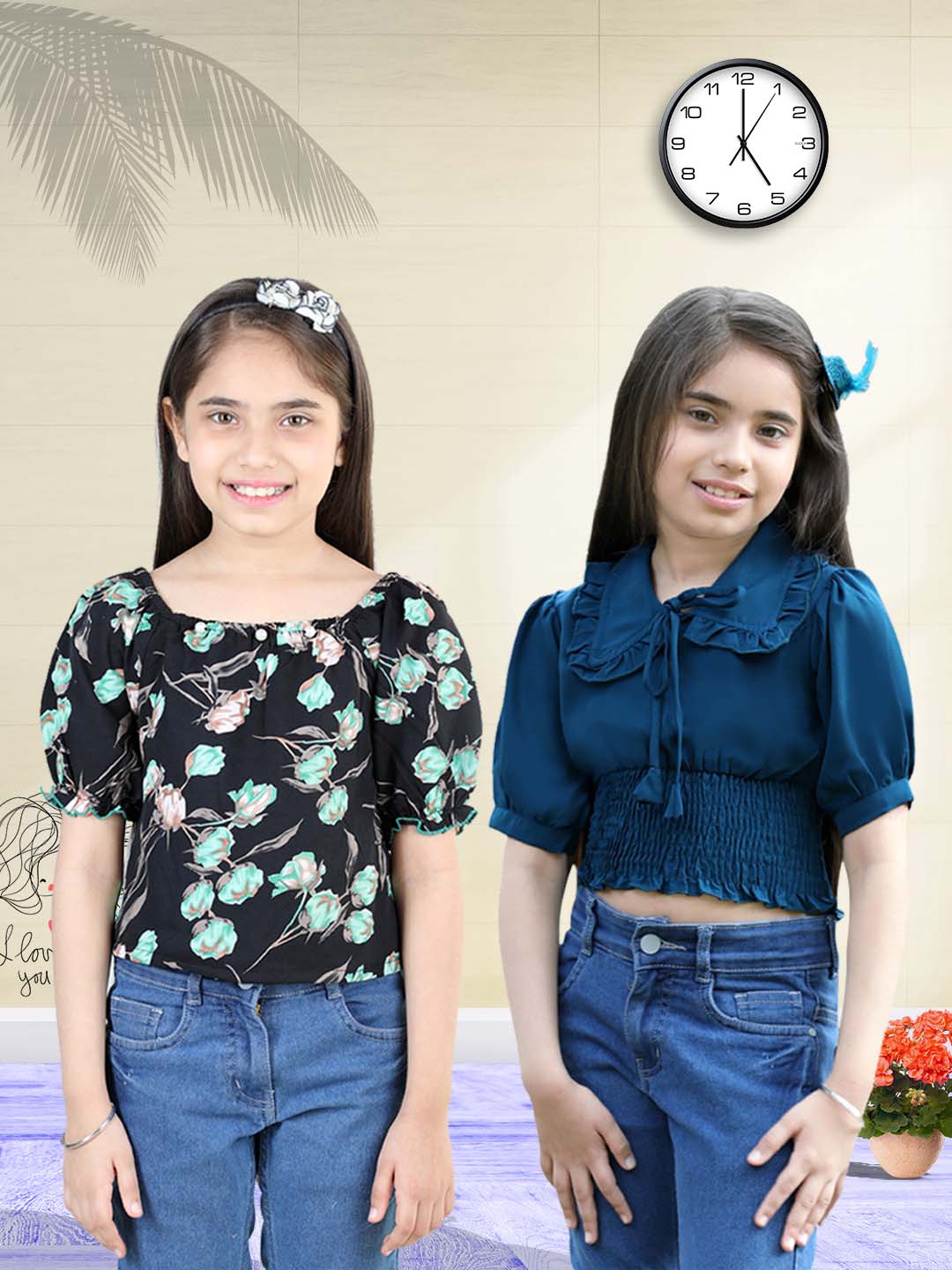 Cutiekins Pack Of 2 Printed Square Neck Polyester Top-Black & Teal Blue