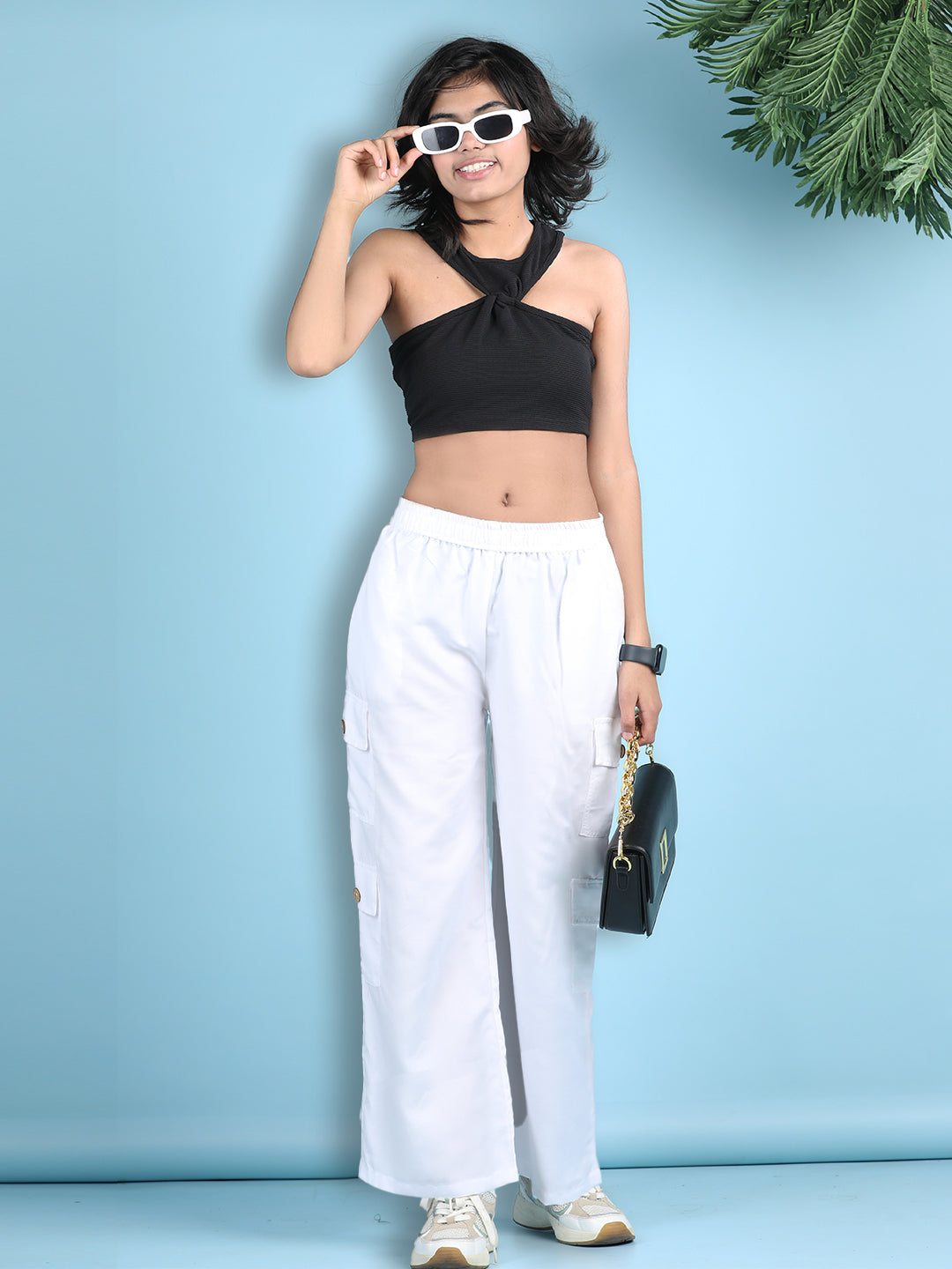 Cutiekins Girls Solid Embellished Top with Solid Cargo -Black & White