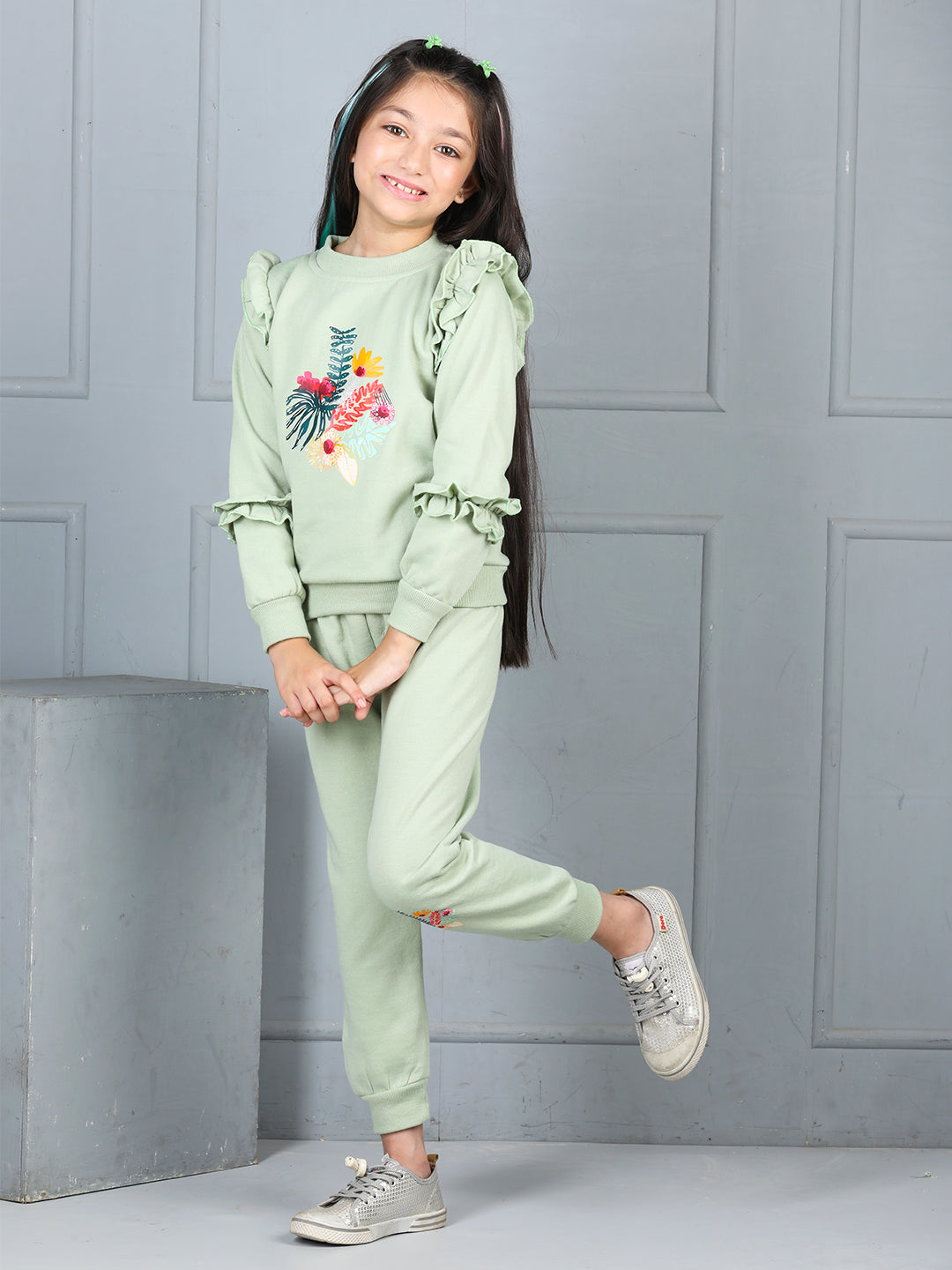 Cutiekins Girls Graphic Print Cozy Tracksuit -Olive