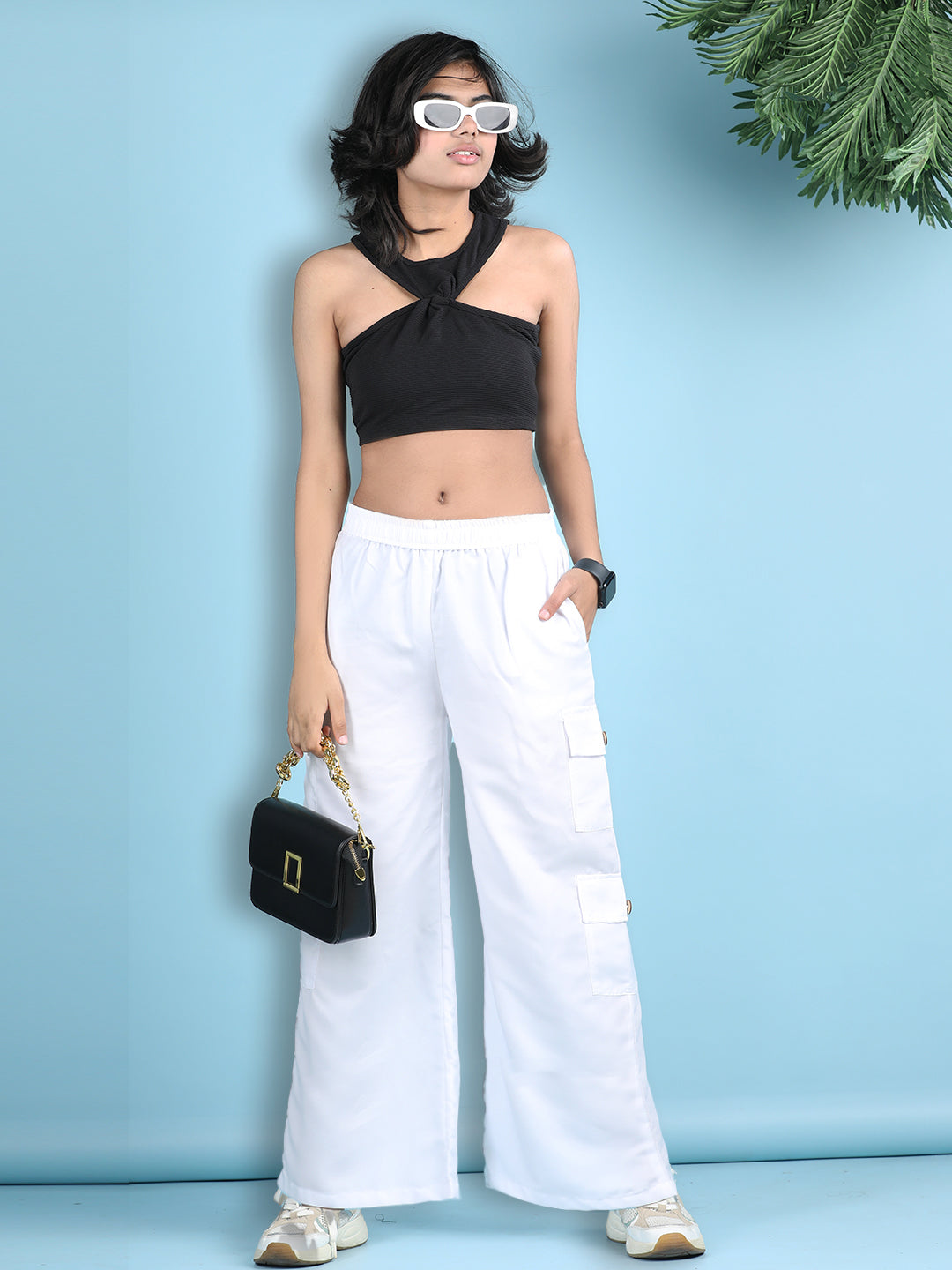 Cutiekins Girls Solid Embellished Top with Solid Cargo -Black & White