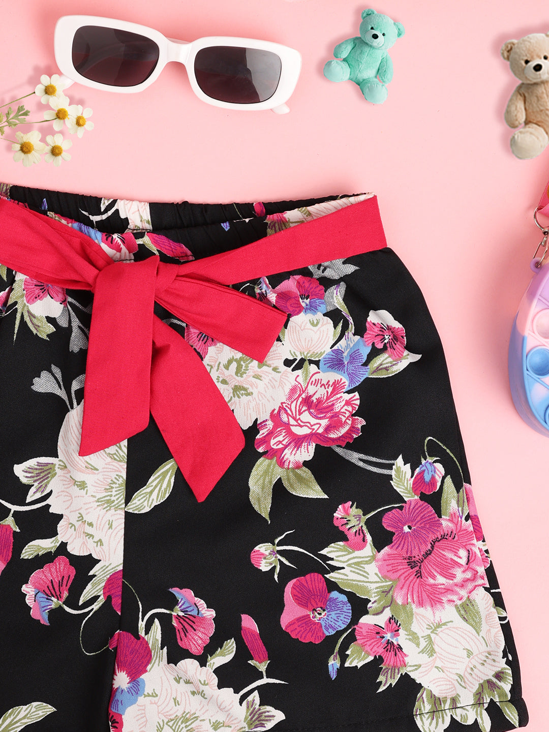 Cutiekins Girls Floral Printed Embellished Short -Black & Multi