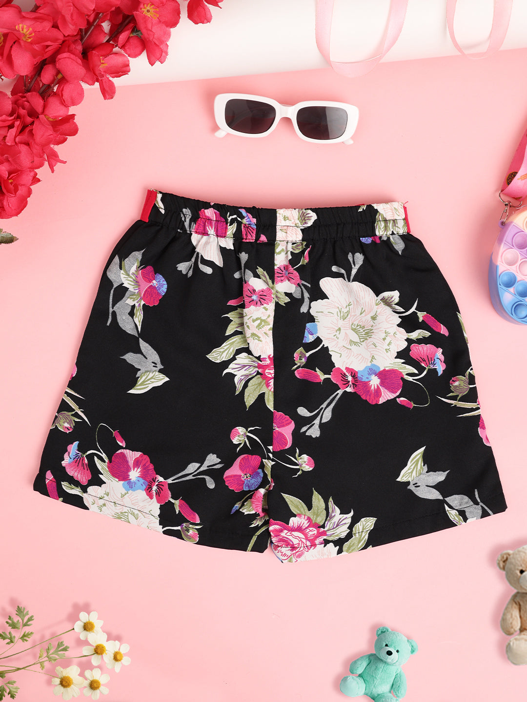 Cutiekins Girls Floral Printed Embellished Short -Black & Multi