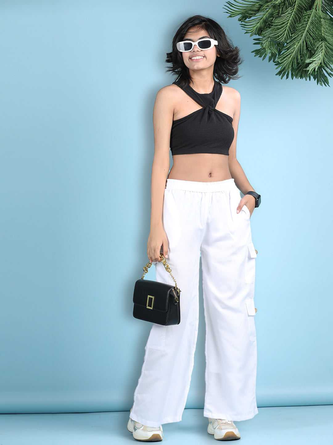 Cutiekins Girls Solid Embellished Top with Solid Cargo -Black & White