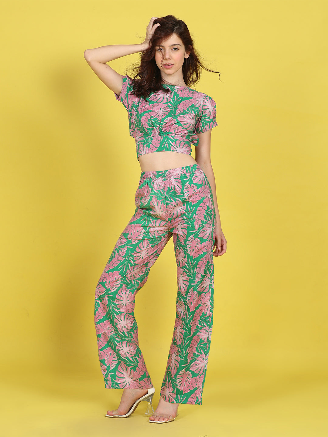 Cutiekins Girls Trendy Bold Style Printed Top & Palazzo Co-ord Set -Green & Pink