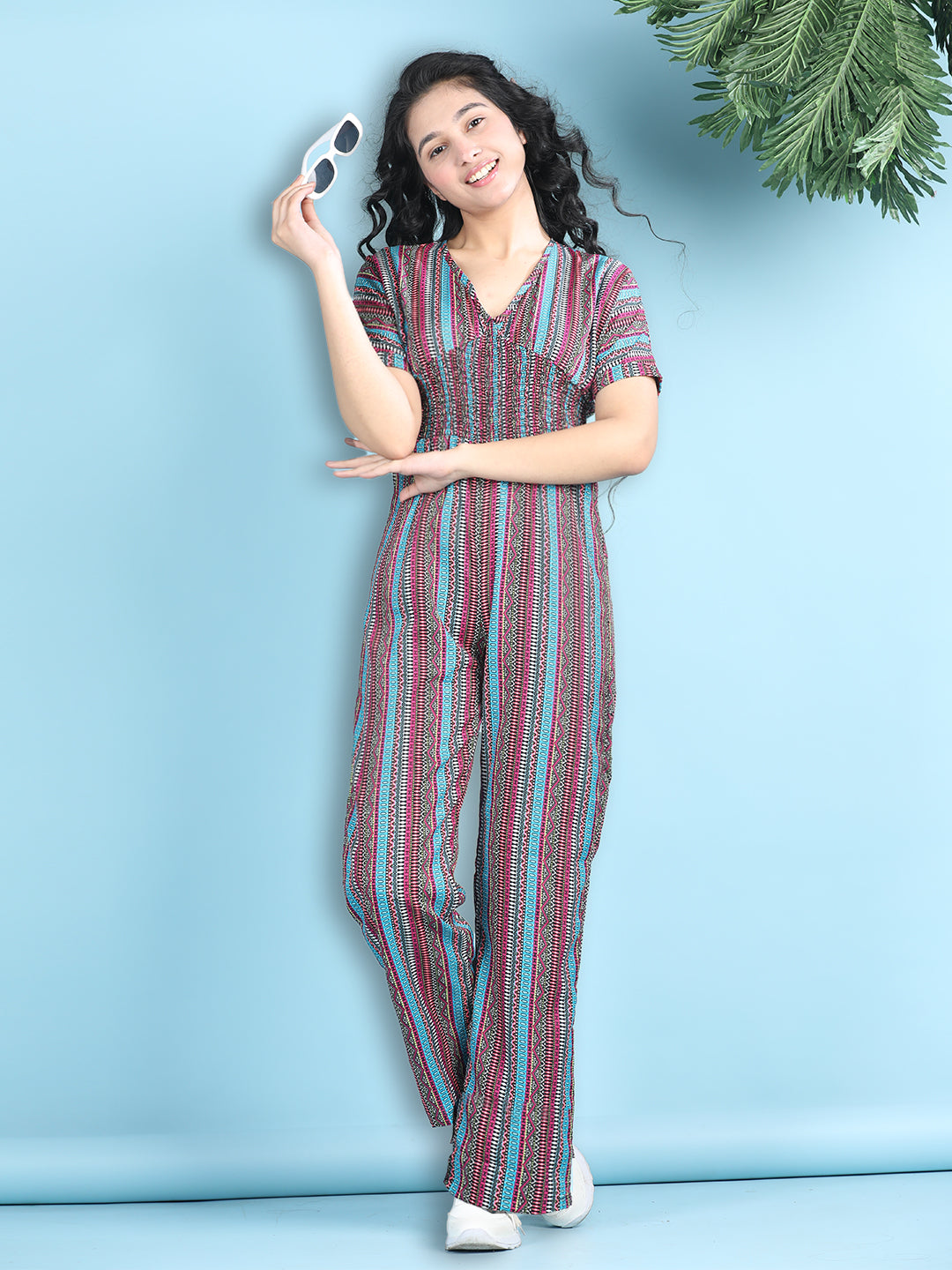 Cutiekins Girls Stylish Striped Print Embellished Jumpsuit -Multicolor