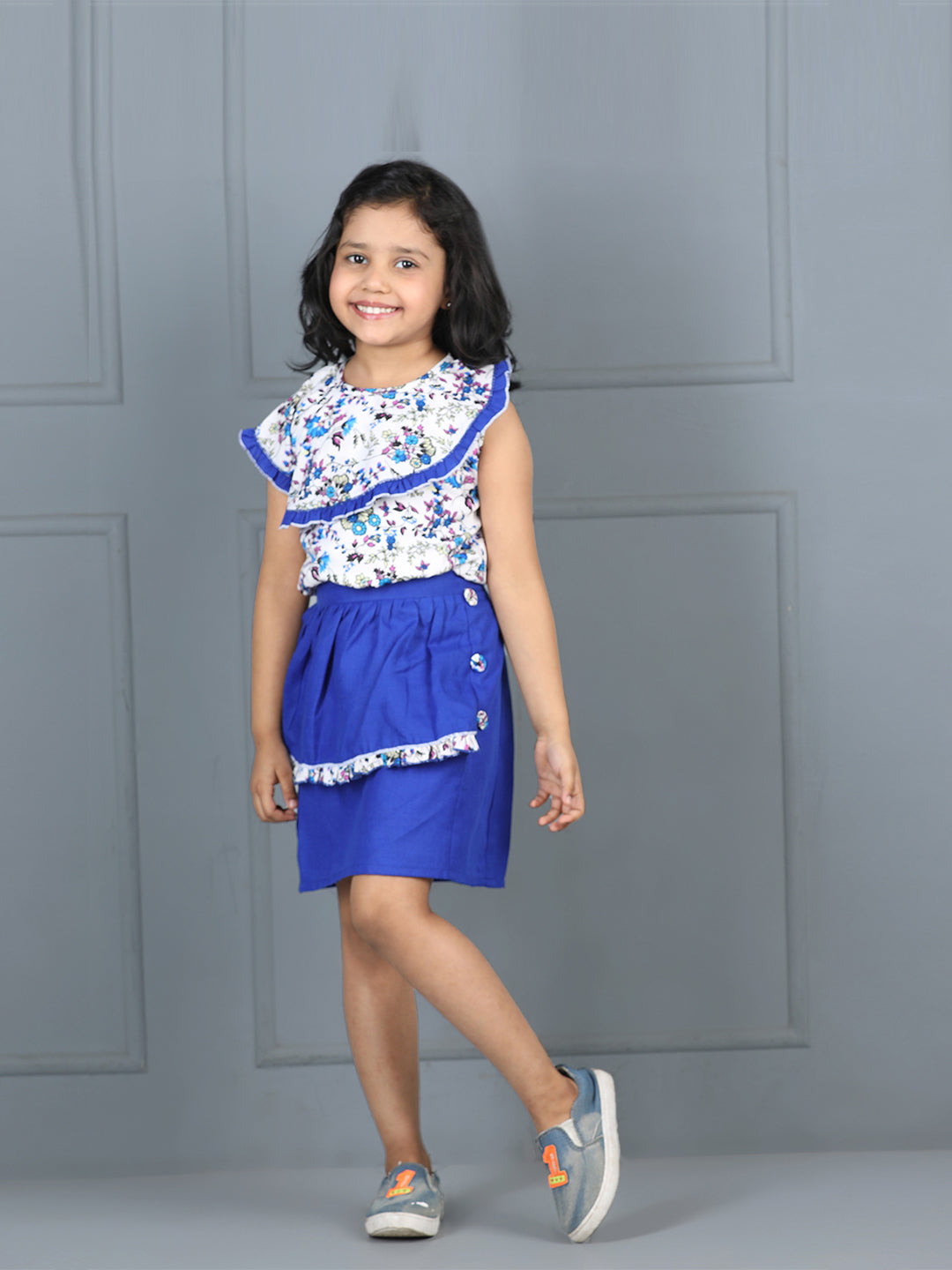 Cutiekins Girls Floral Printed Embellished Top With Solid Skirt -Off White & Blue
