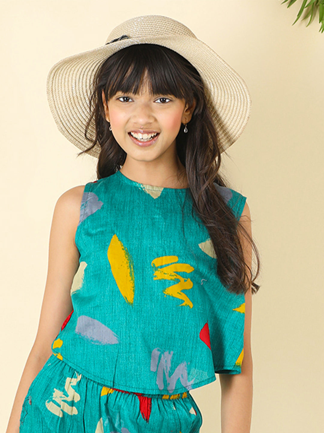 Cutiekins Girls Cotton Round Neck Printed Crop Top -Rama Green & Yellow