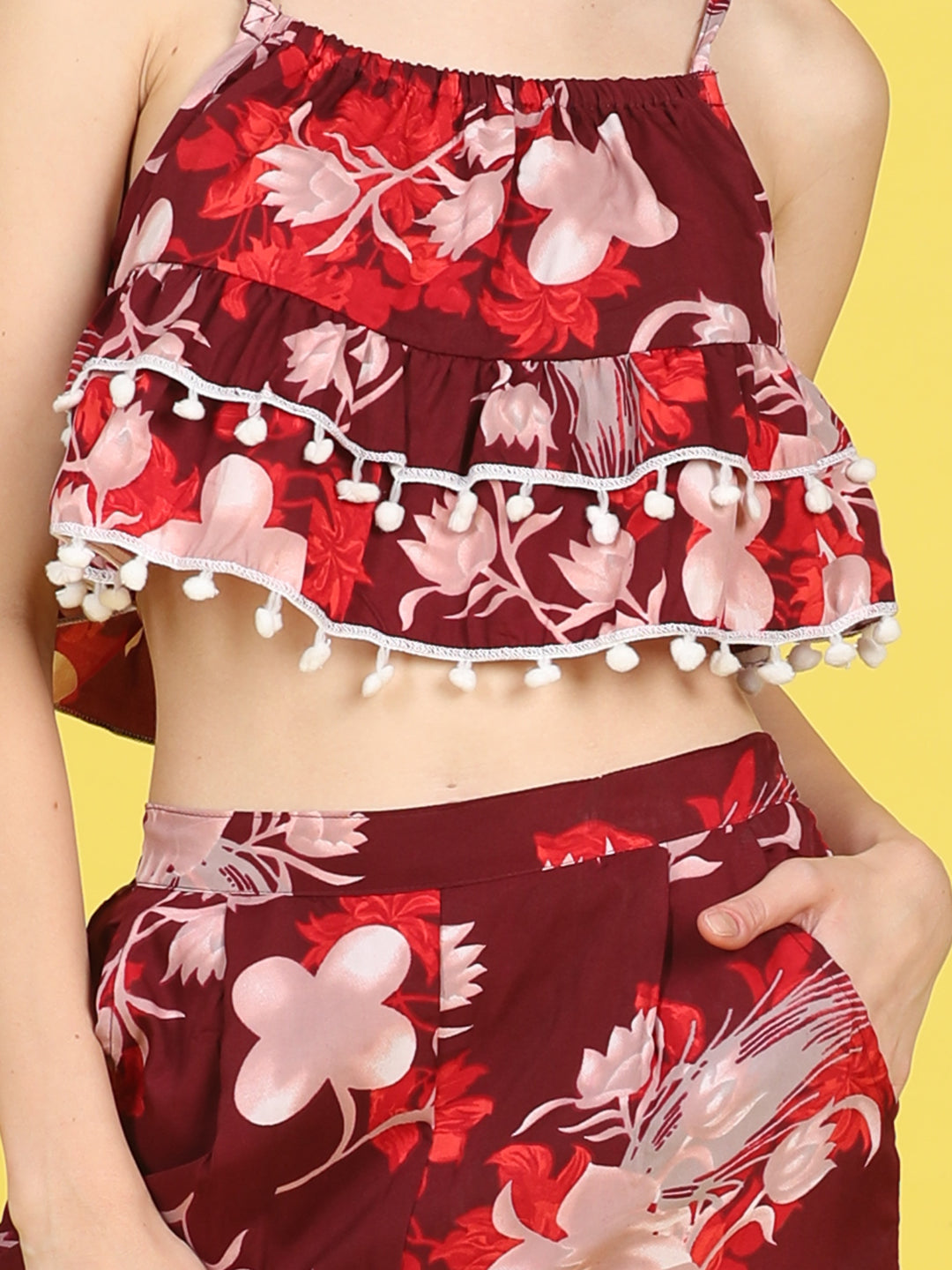 Cutiekins Girls Trendy Bold Style Printed Top & Palazzo Co-ord Set -Maroon & Off White