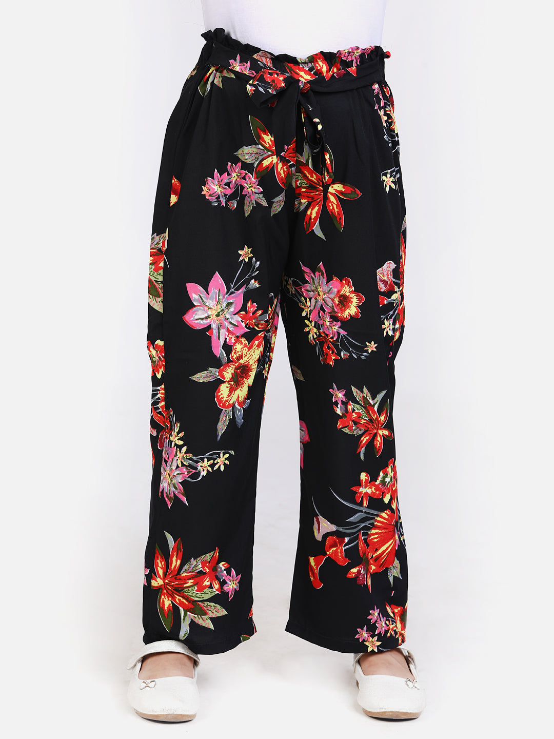 Cutiekins Floral Print Knot Belt Palazzo -Black & Red