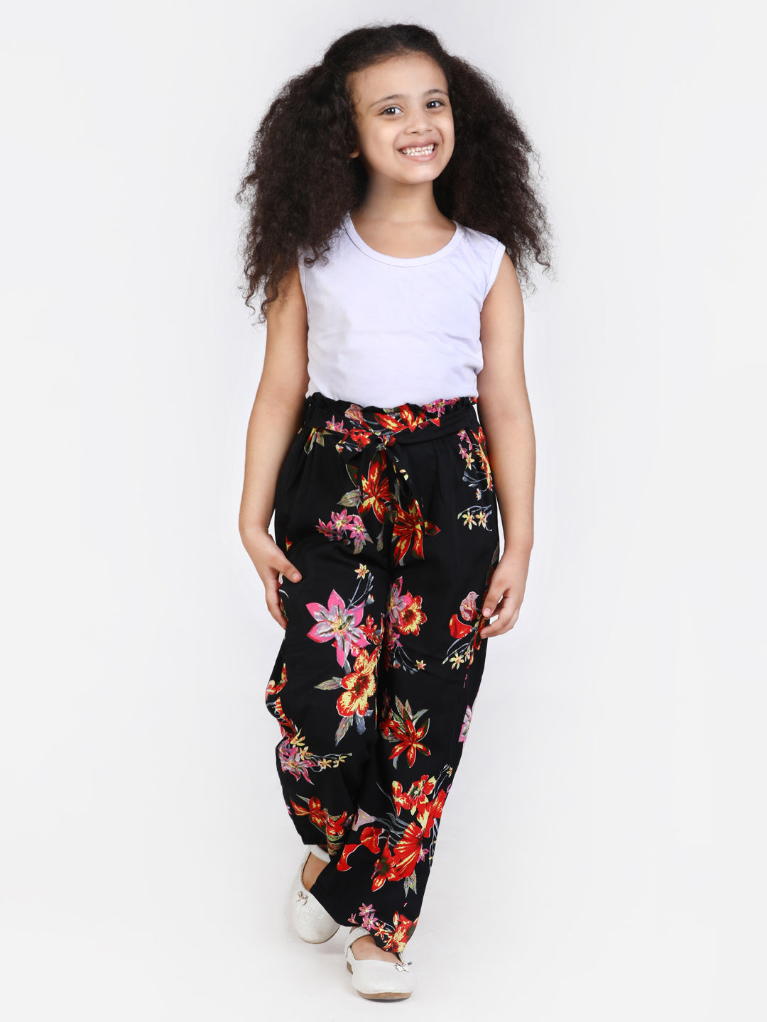 Cutiekins Floral Print Knot Belt Palazzo -Black & Red
