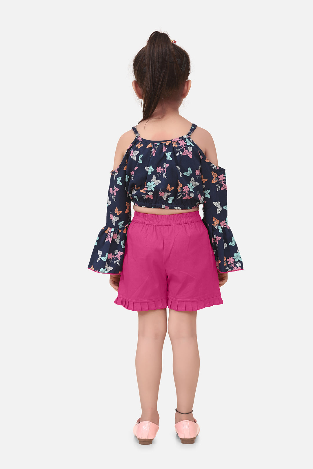 Girls Casual Polyester and Cotton Lycra Top & Short Set (Dark Blue)