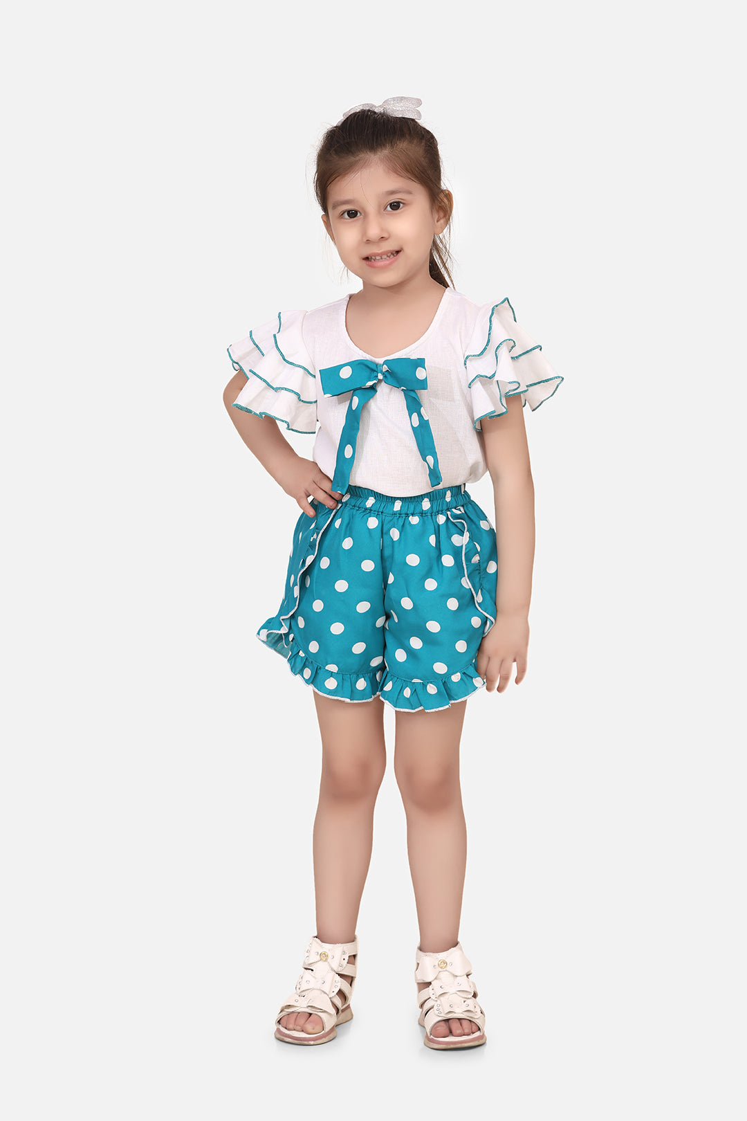 Cutiekins Girls Casual Top & Shorts Set (White & Blue)